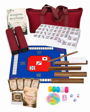 Mahjong set with burgundy carrying bag, white tiles, racks, dice and scoring chips