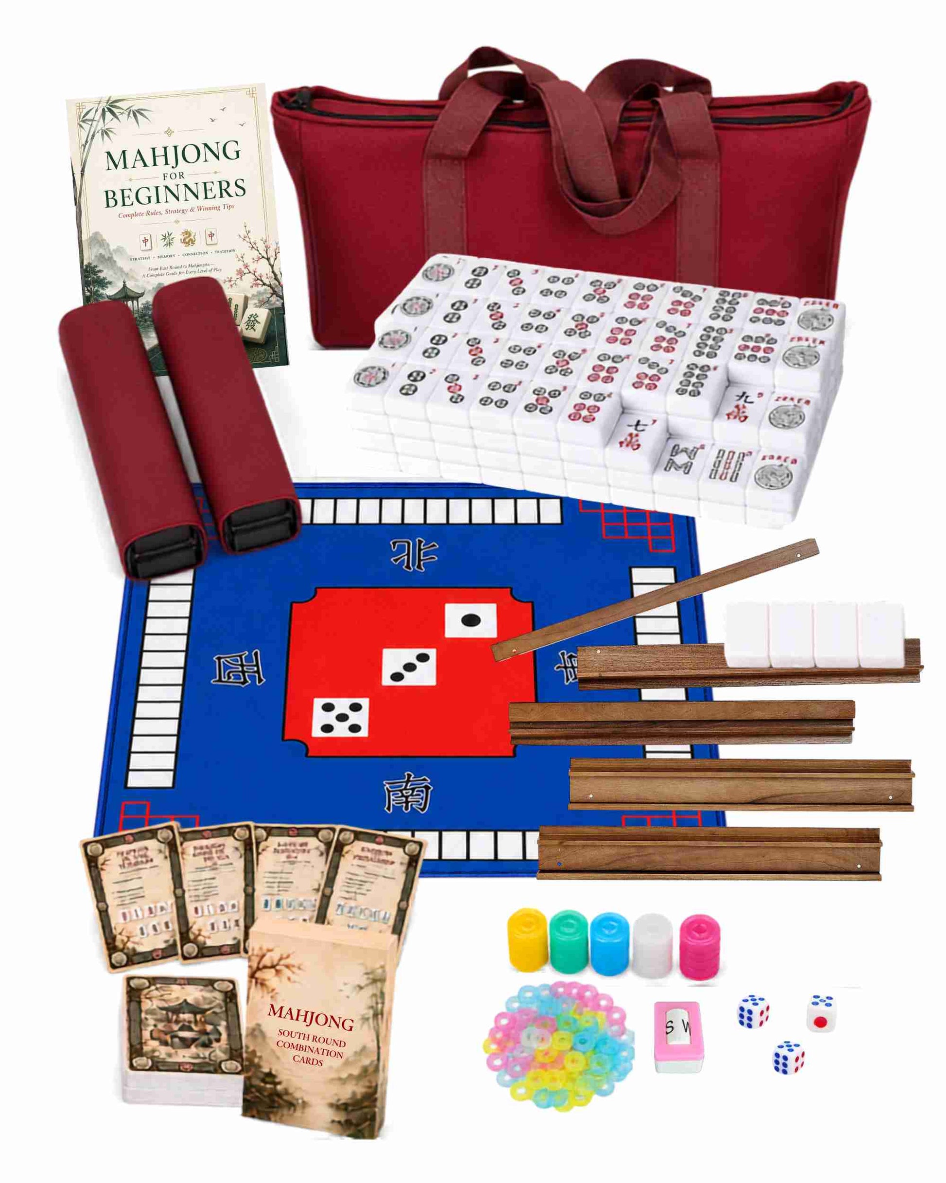 Mahjong set with burgundy carrying bag, white tiles, racks, dice and scoring chips