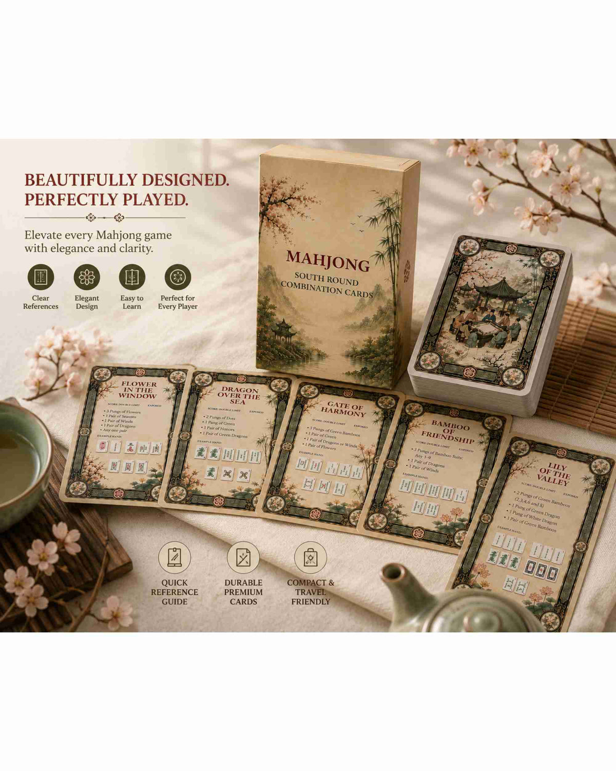 Mahjong reference card set with box and several illustrated scoring cards