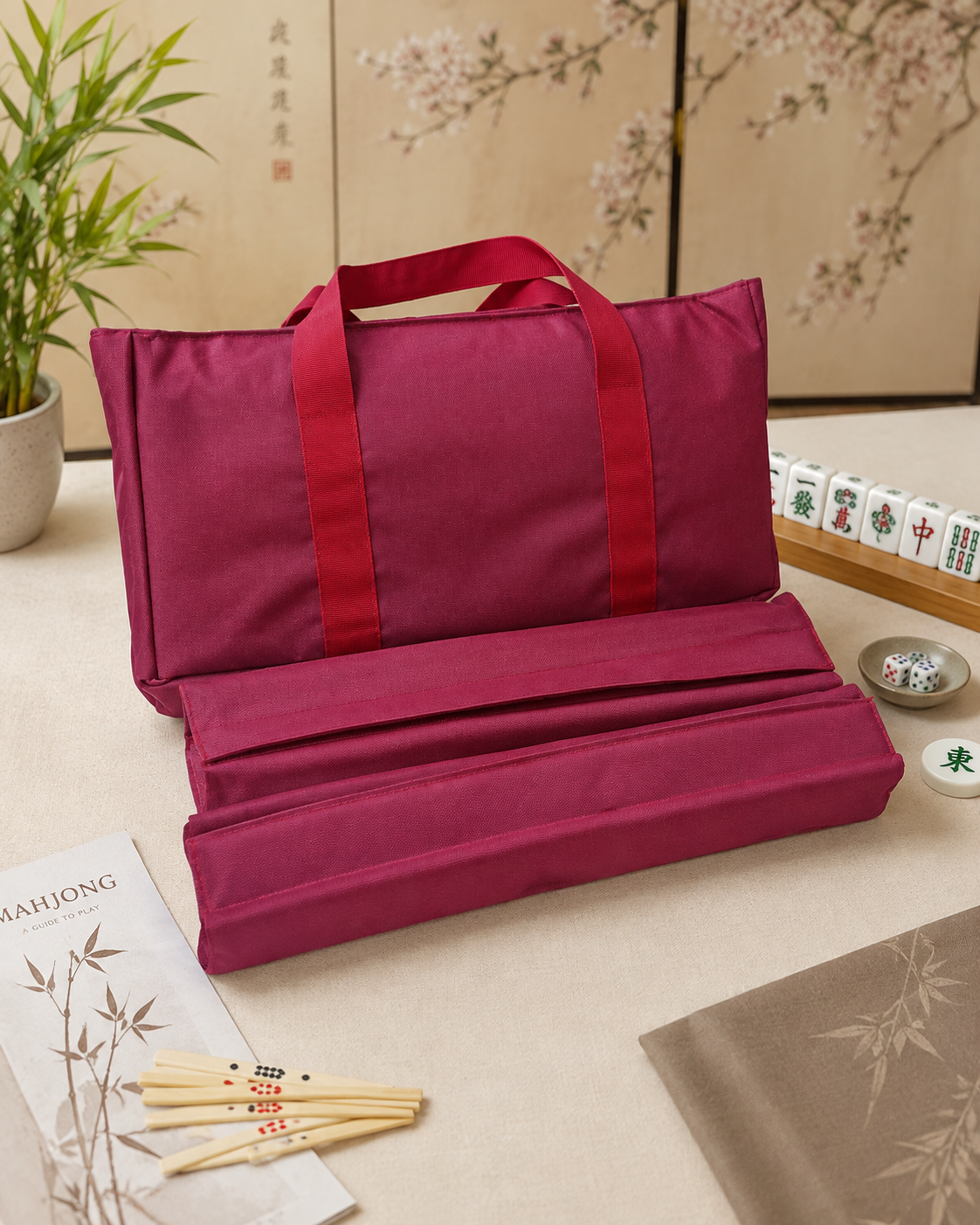 Premsons® Mahjong Carry Bag with 2 Tile & Rack Cases | Premium Travel Storage Bag Set Red