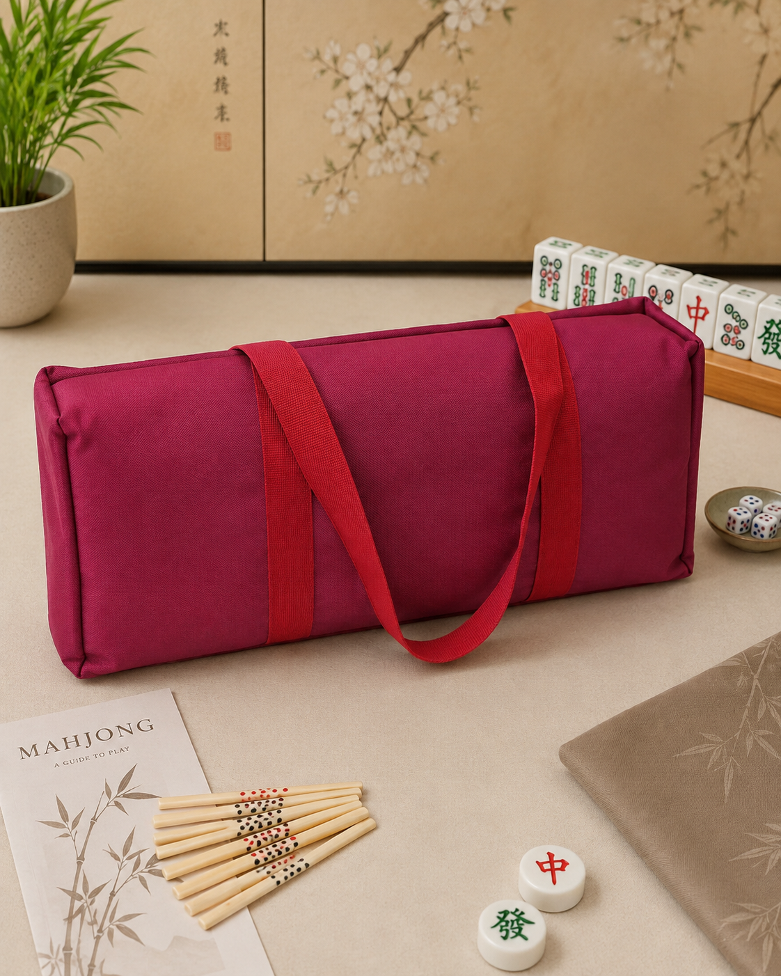 Premsons® Mahjong Carry Bag with 2 Tile & Rack Cases | Premium Travel Storage Bag Set Red