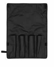 Black protective mahjong rack cover with multiple wooden-slot pockets and side handle.