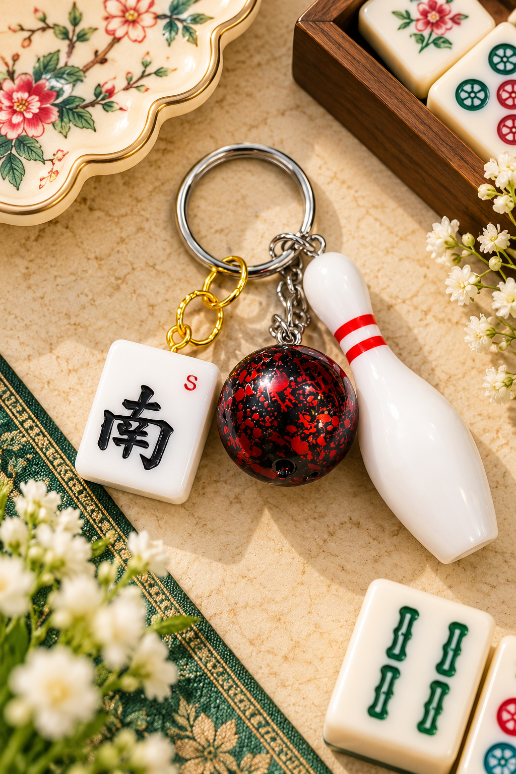 Charm keychain with silver ring, red glitter round charm, white bottle charm, Mahjong tiles