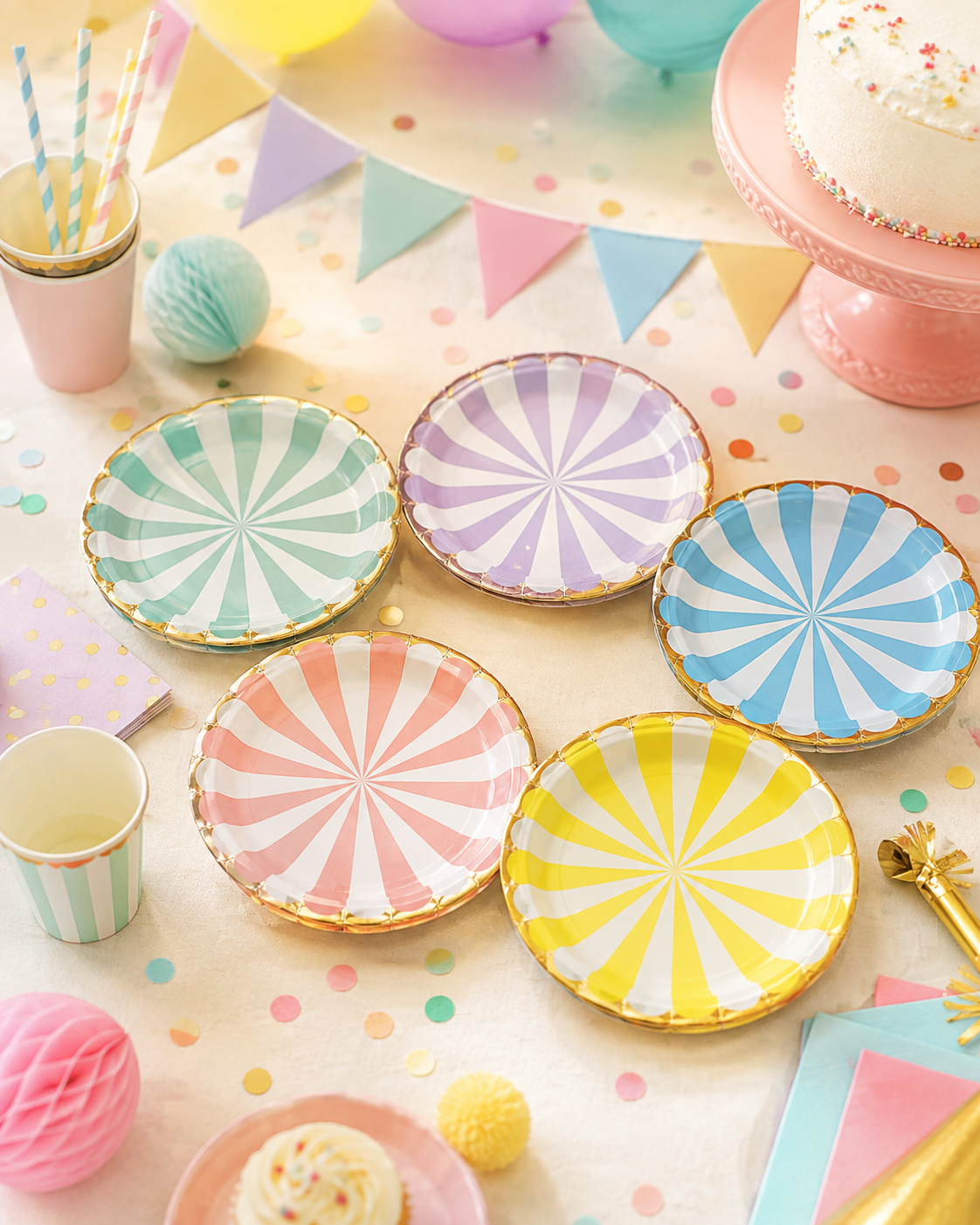 Premsons® Multicolor Party Plates – Pastel Rainbow Design | Gold Rim Disposable Plates for Birthdays & Celebrations (set of 10 ) (Pack of 2)