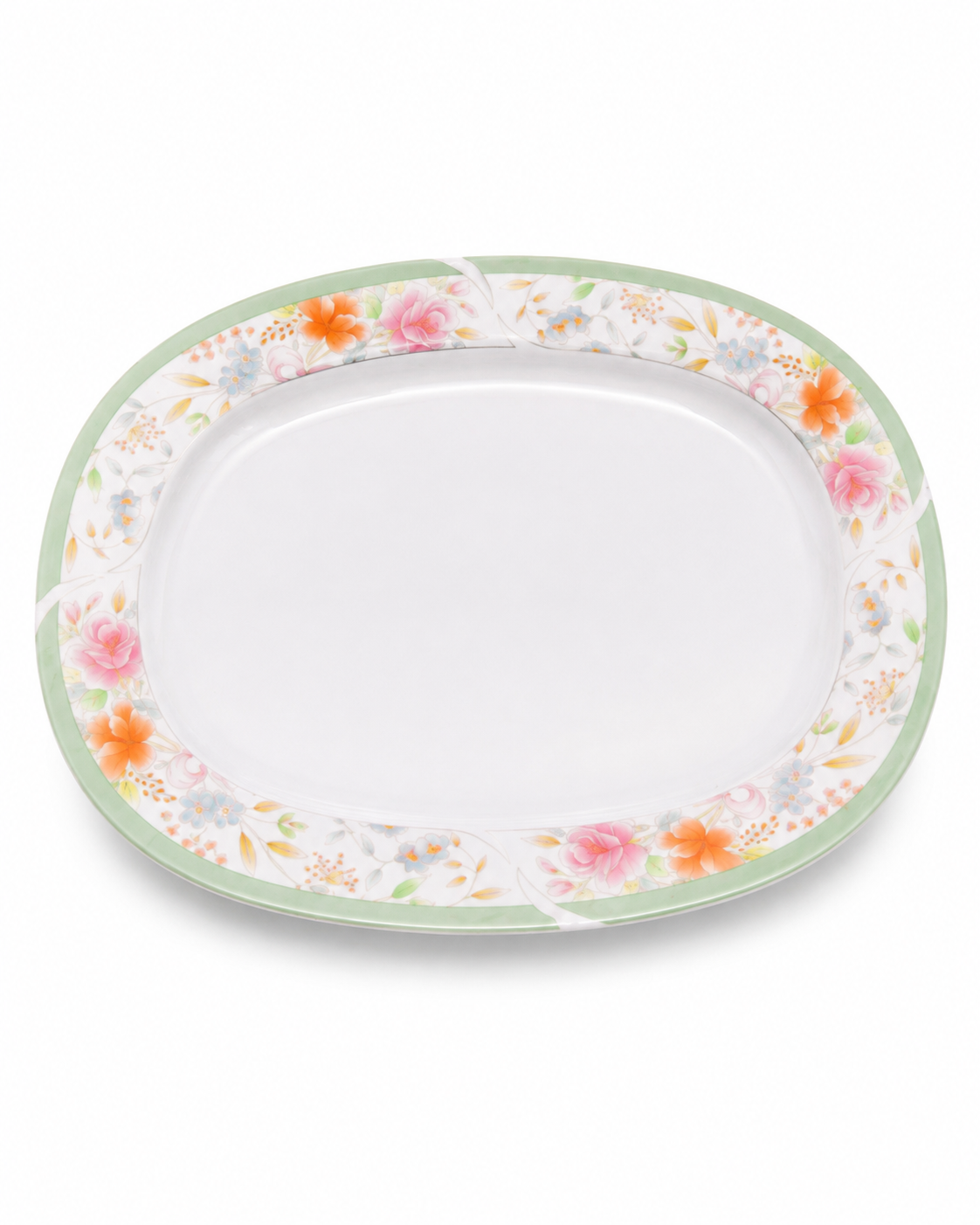 Oval white melamine serving plate with green rim and pink/orange floral border