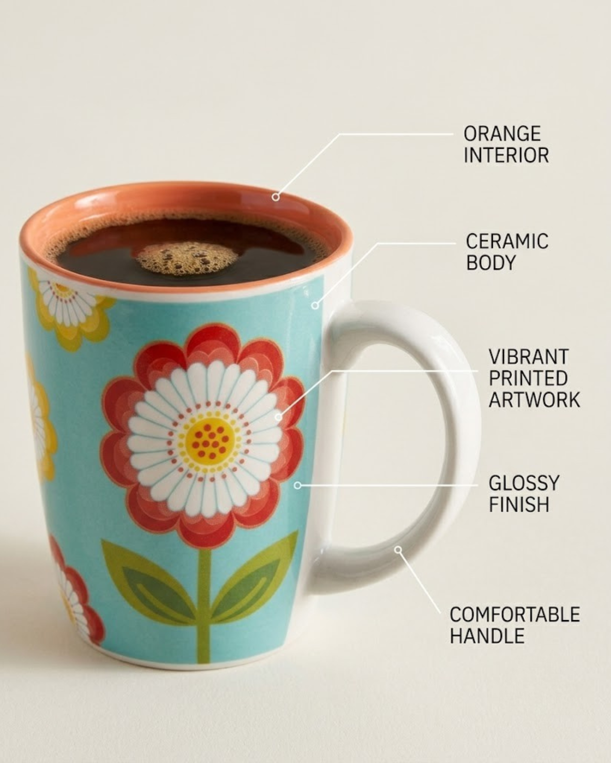 Ceramic mug with orange interior, glossy teal floral artwork, and comfortable handle.