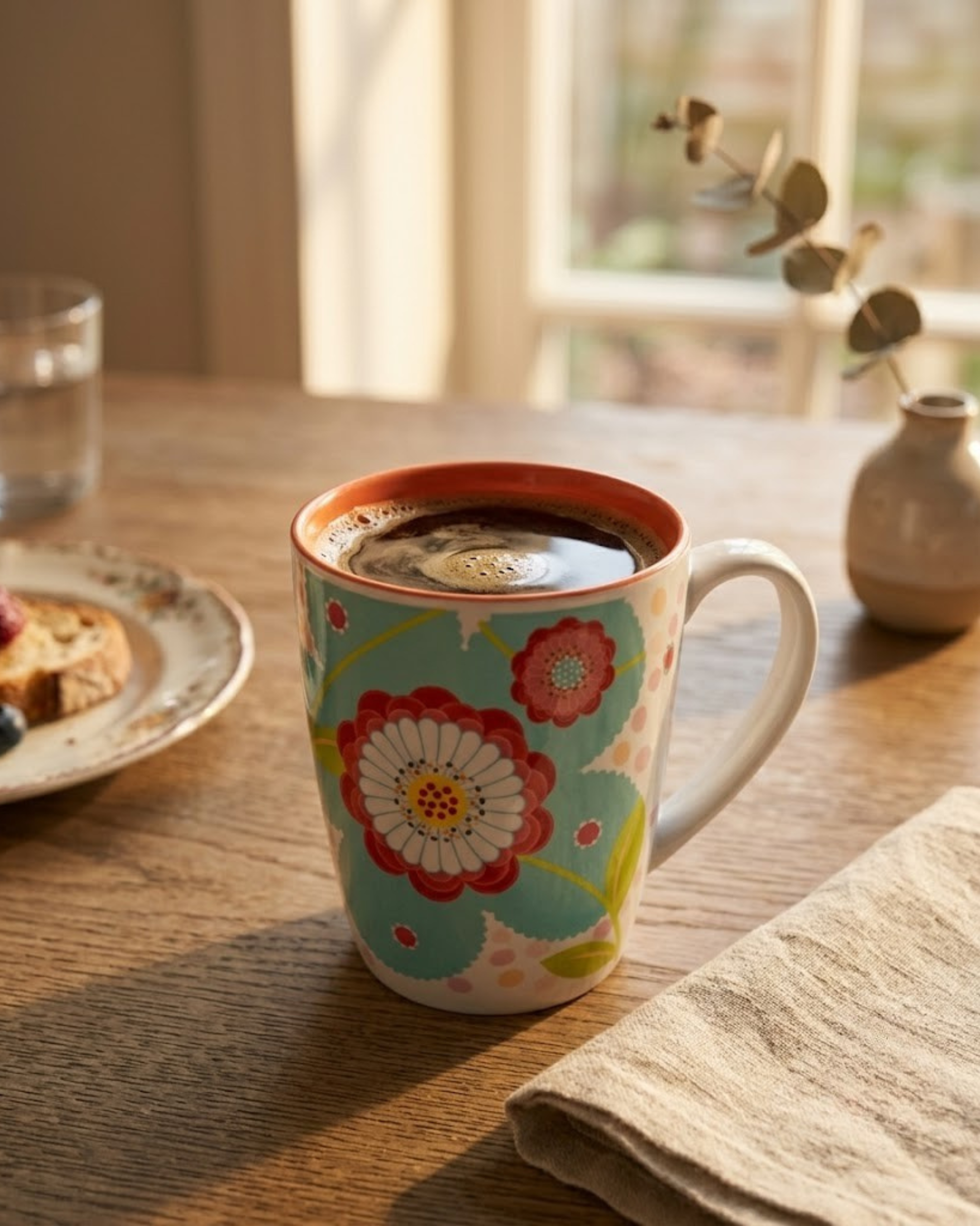 Ceramic mug with teal floral print and orange rim, shown on a table.
