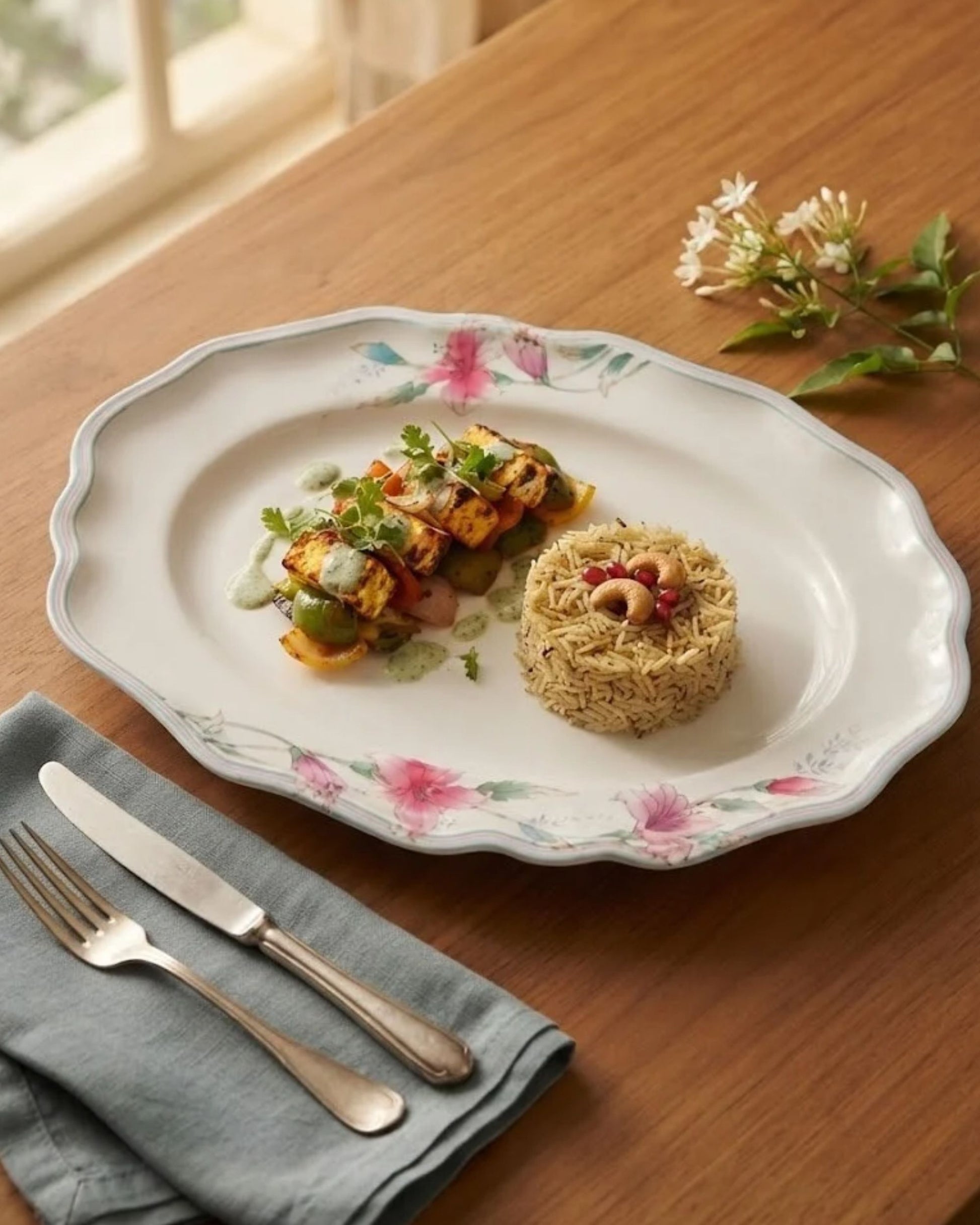 Oval white melamine serving plate with pink floral lily border and scalloped rim.
