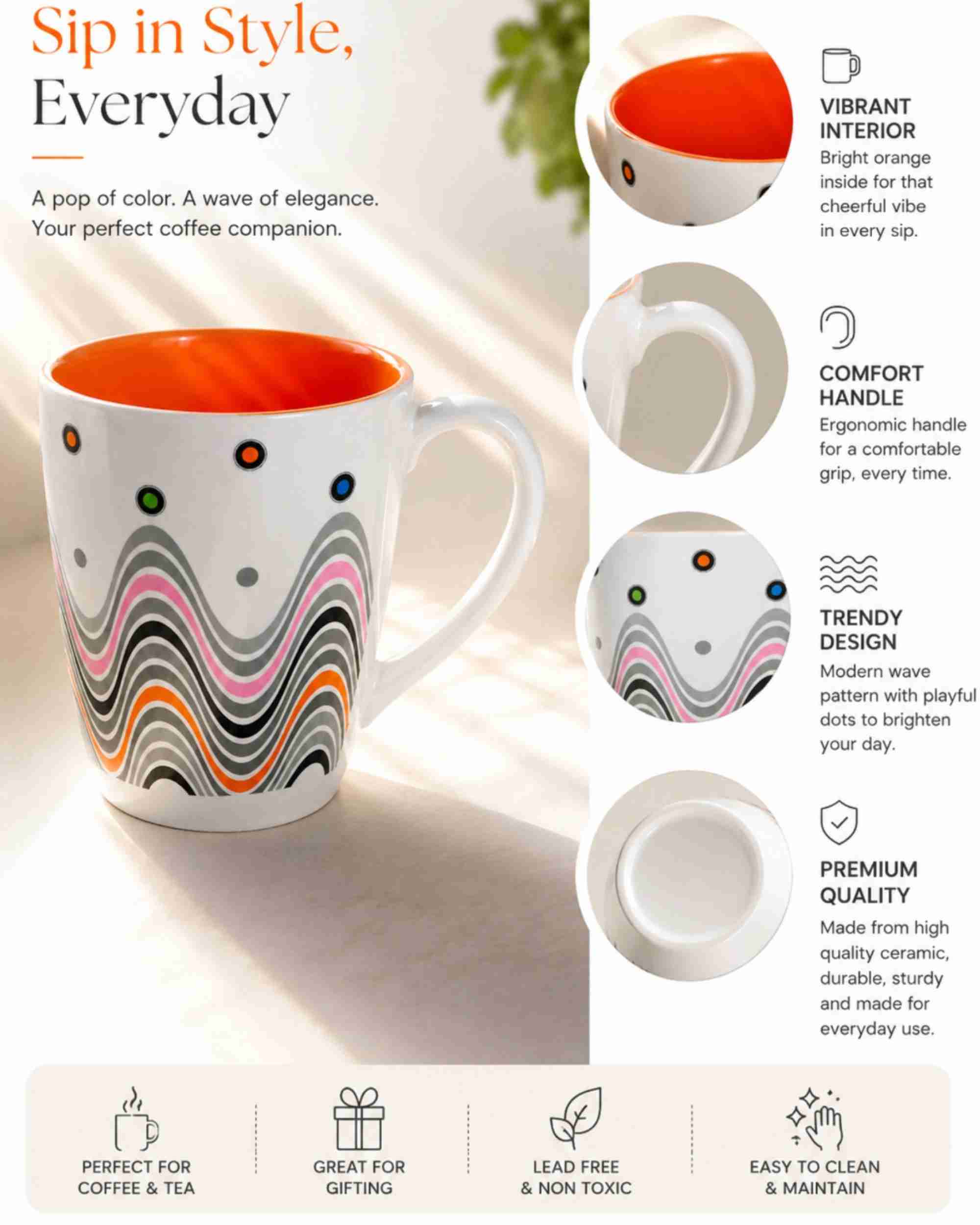 Ceramic coffee mug with orange interior, colorful wavy lines, and handle view