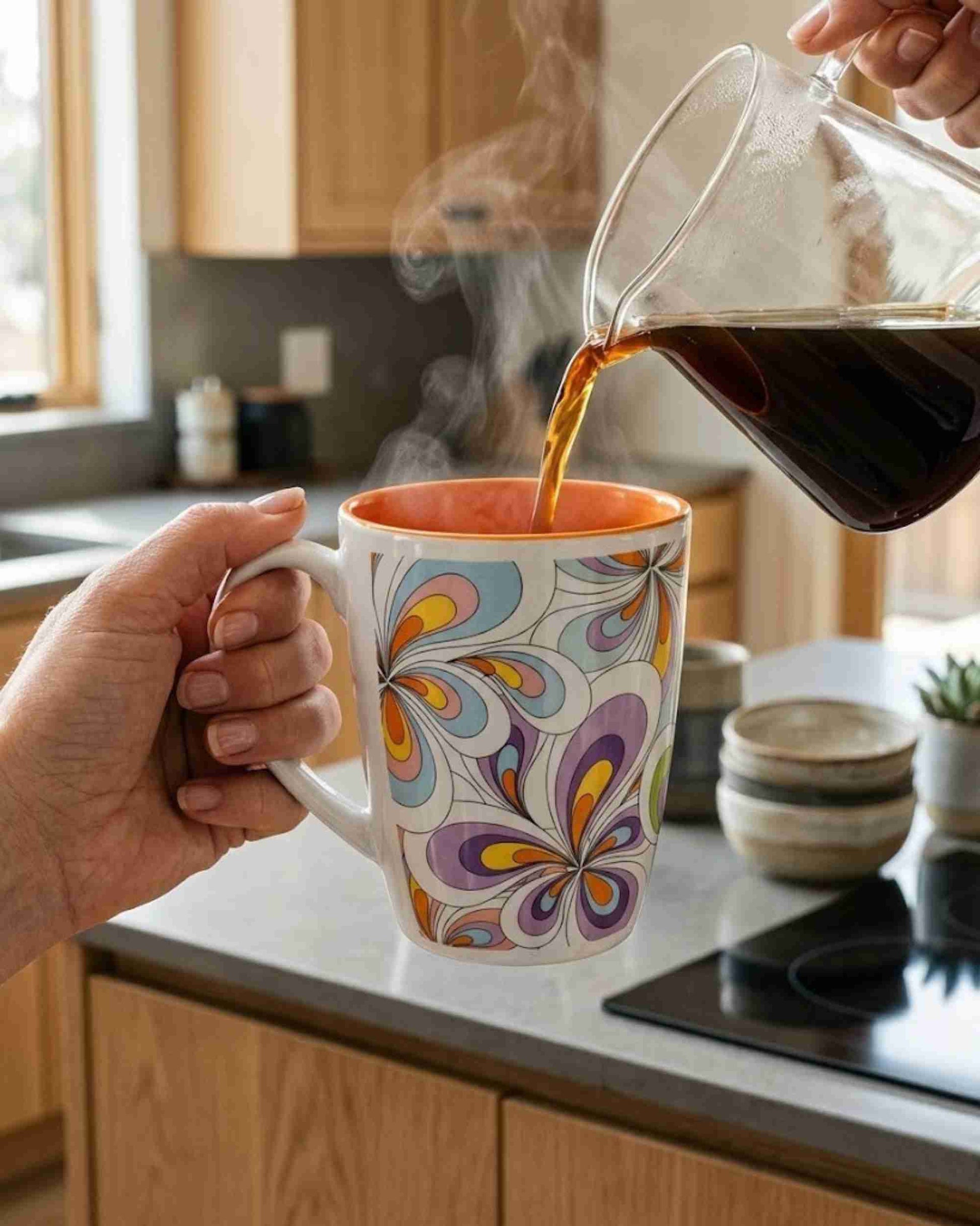Ceramic coffee mug with handle, orange interior and colorful floral pattern, coffee poured