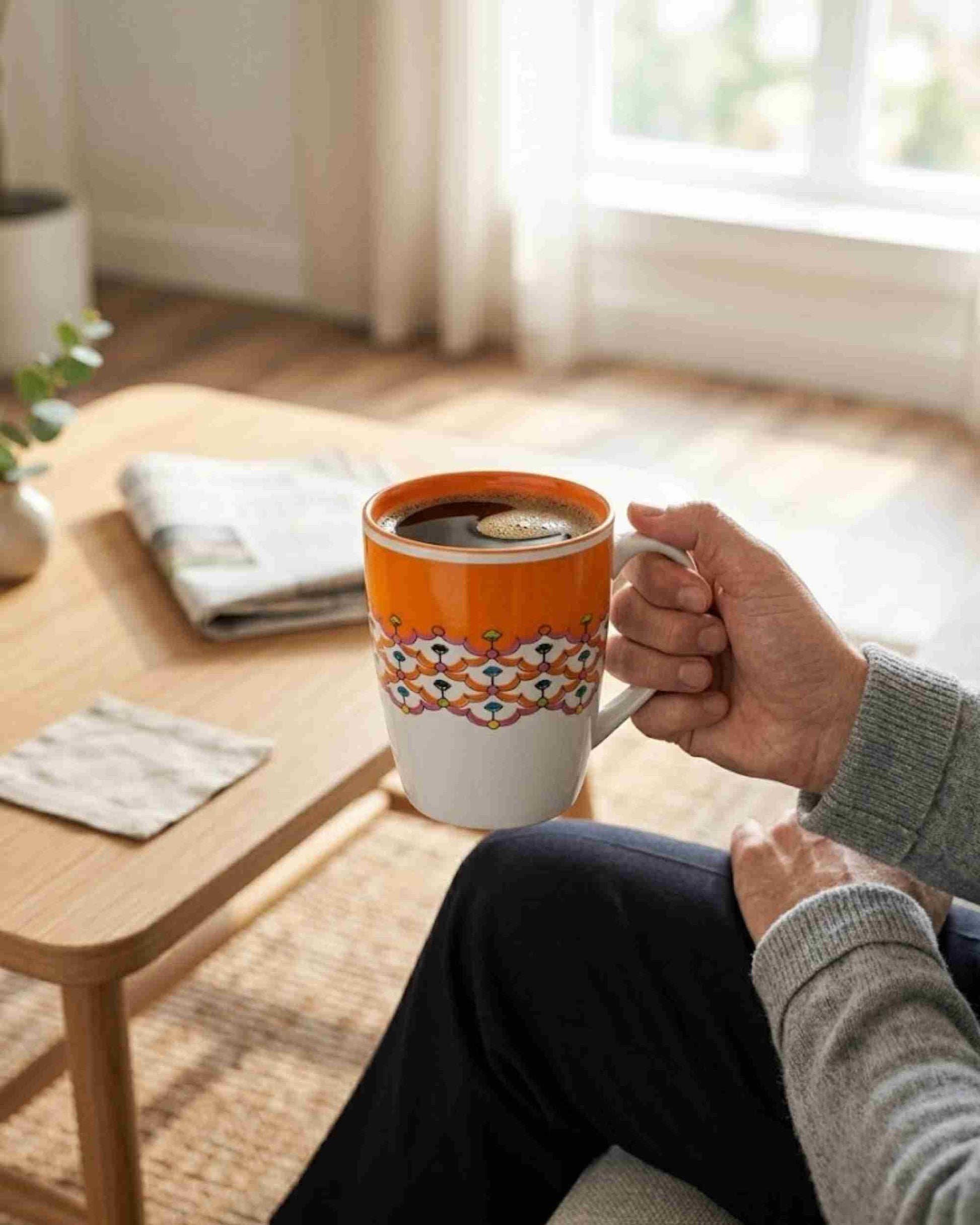 Ceramic coffee mug with orange interior, white body, and floral pattern