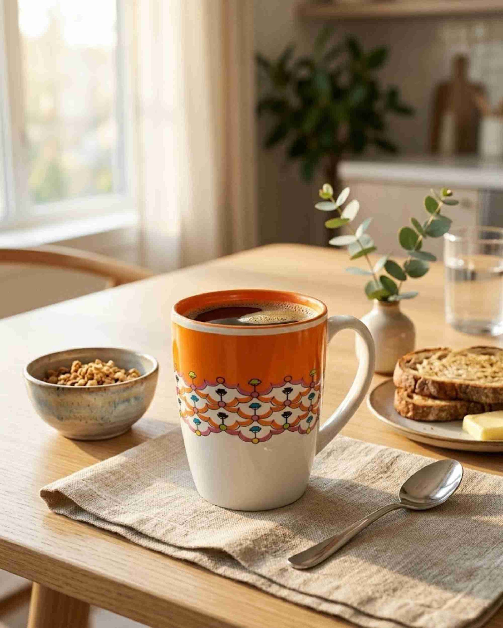 Ceramic coffee mug with orange interior and colorful floral pattern, side view