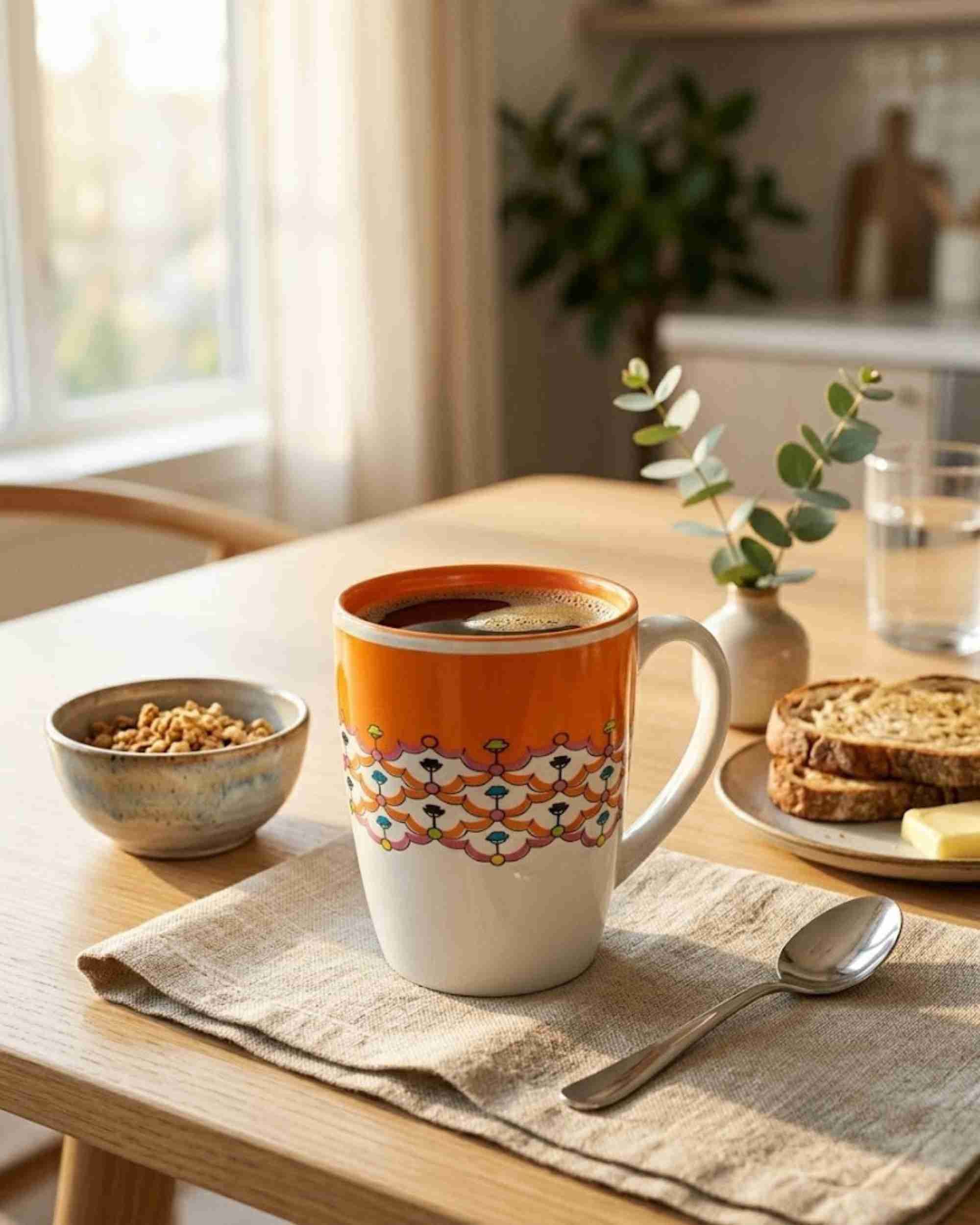 Ceramic coffee mug with orange interior and colorful floral pattern, side view