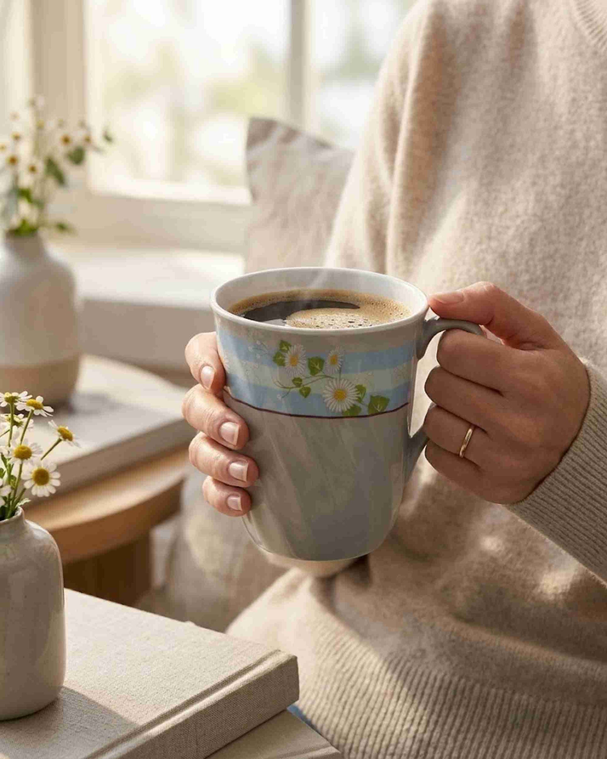 Ceramic coffee mug in white with blue band and white daisy floral print