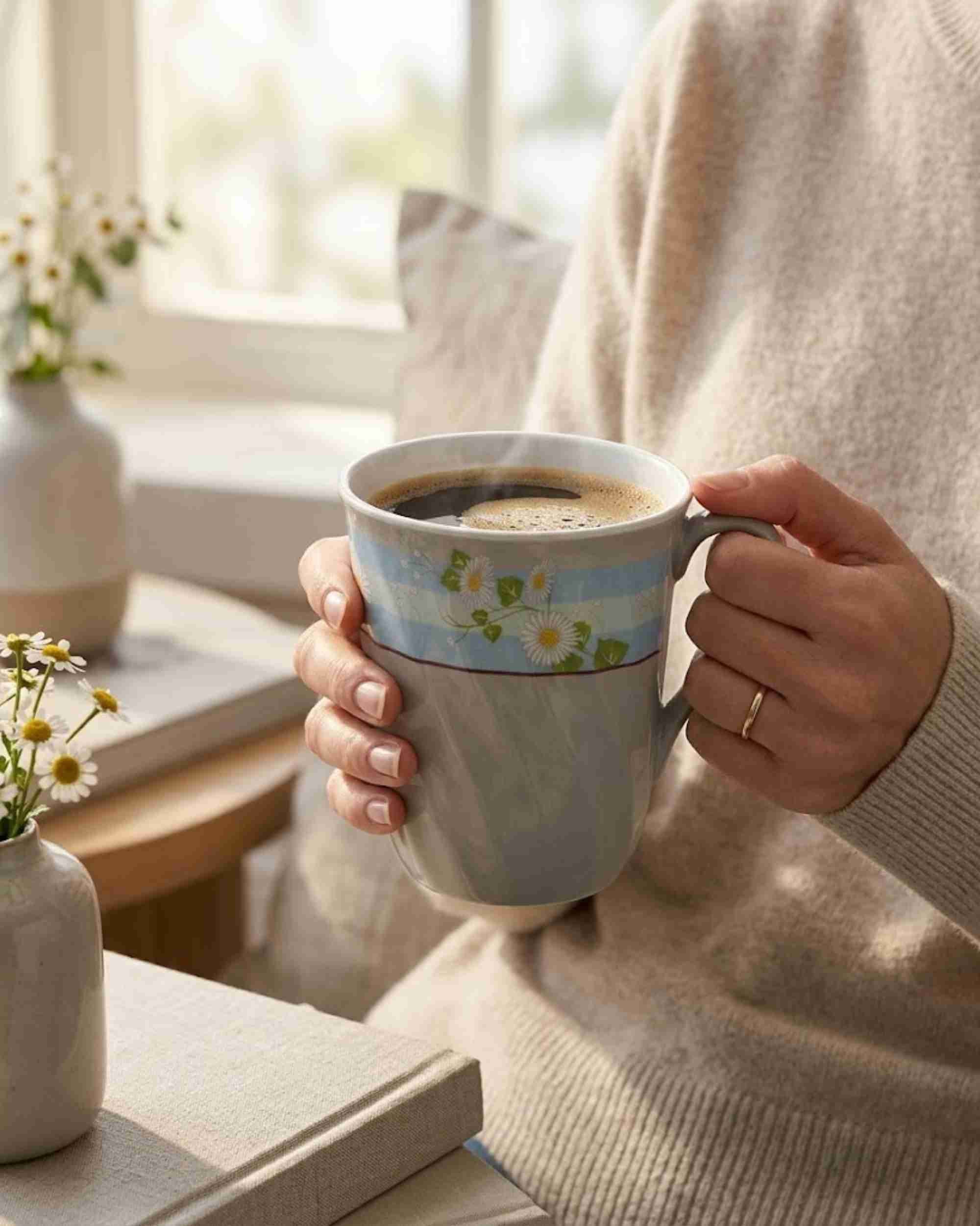 Ceramic coffee mug in white with blue band and white daisy floral print