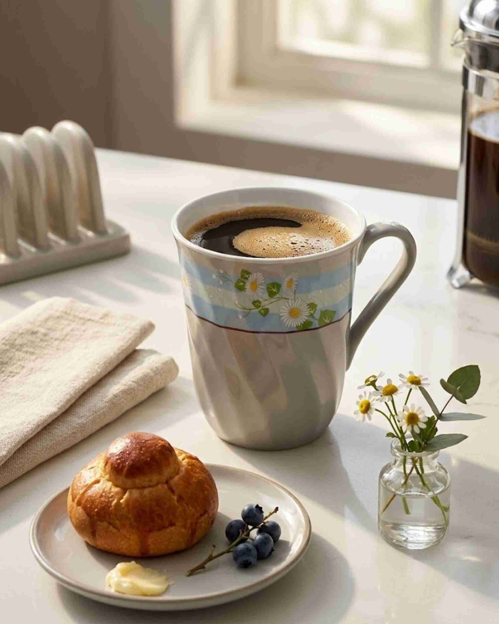 Ceramic coffee mug with daisy floral band, filled coffee and right-side handle