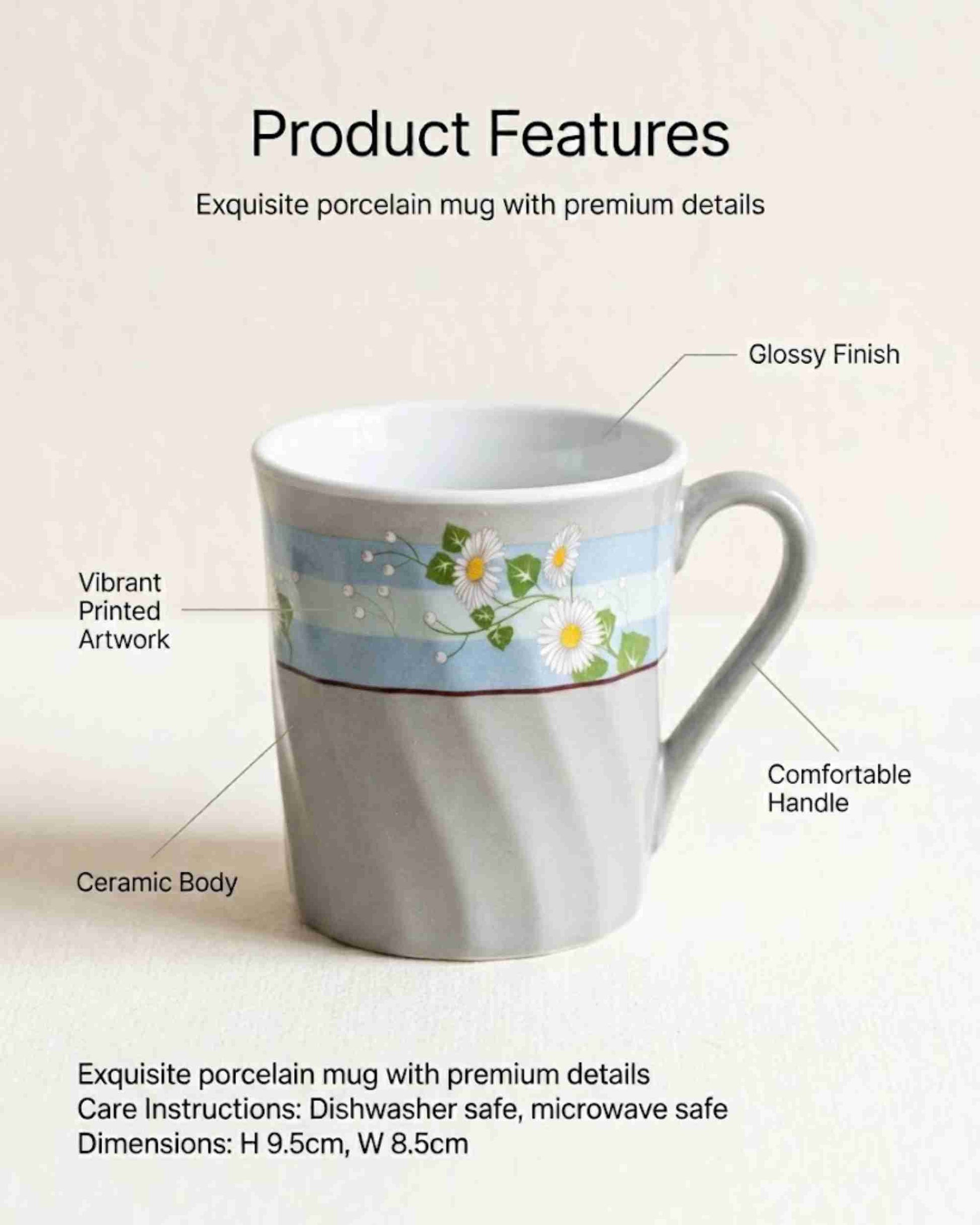 White ceramic coffee mug with glossy daisy print and curved handle