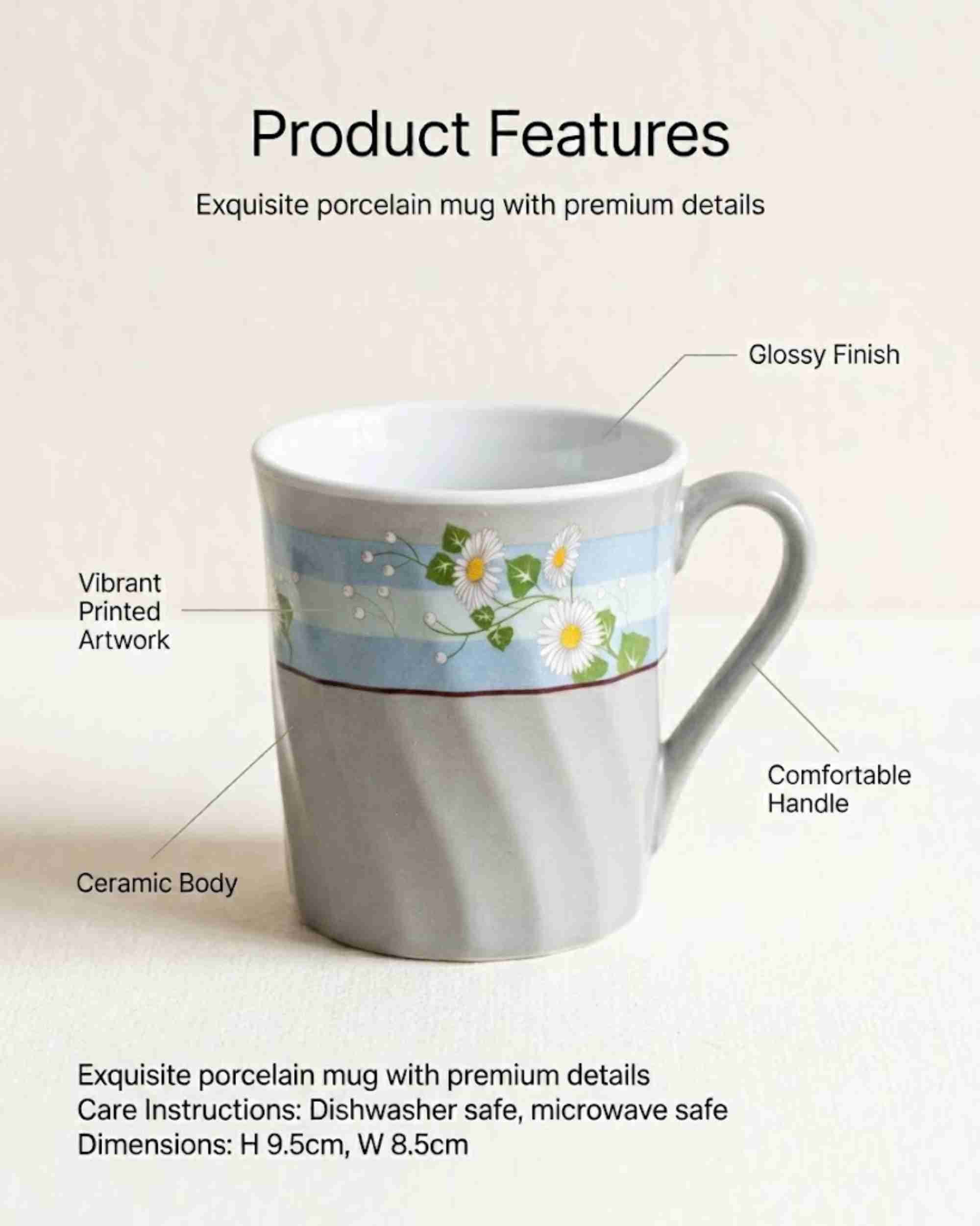 White ceramic coffee mug with glossy daisy print and curved handle