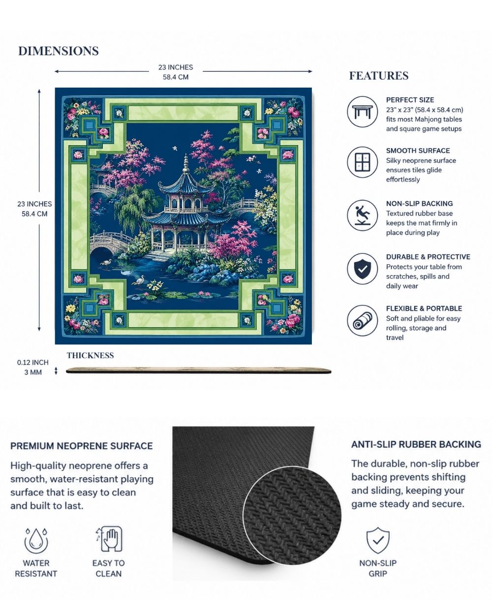 Premsons® Midnight in Shanghai Mahjong Table Mat – Premium Anti-Slip Square Gaming & Decorative Mat - 23 x 23 inch - Versatile Non-Slip Play Surface