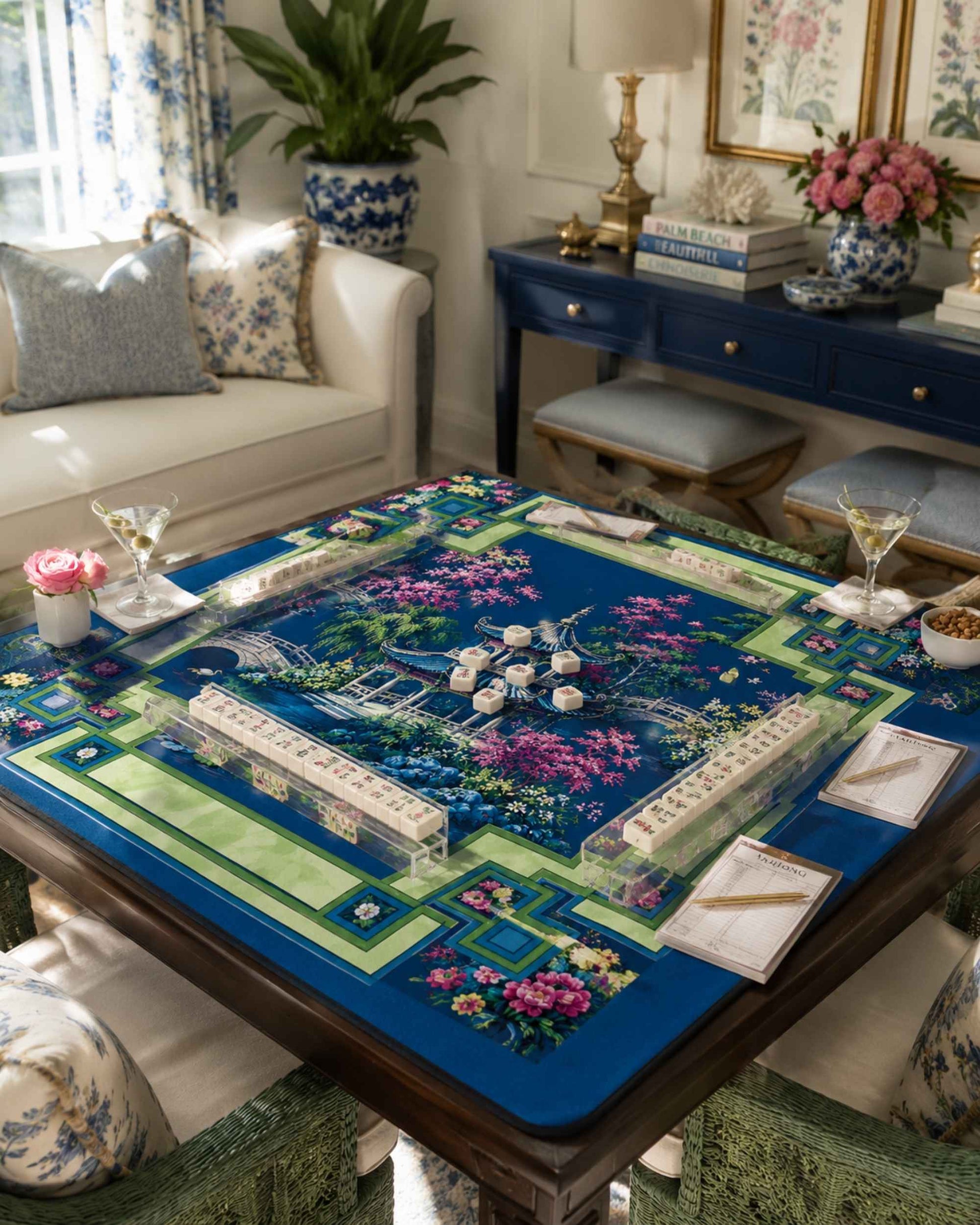 Premsons® Mahjong table mat with blue floral pagoda scene and green border on table