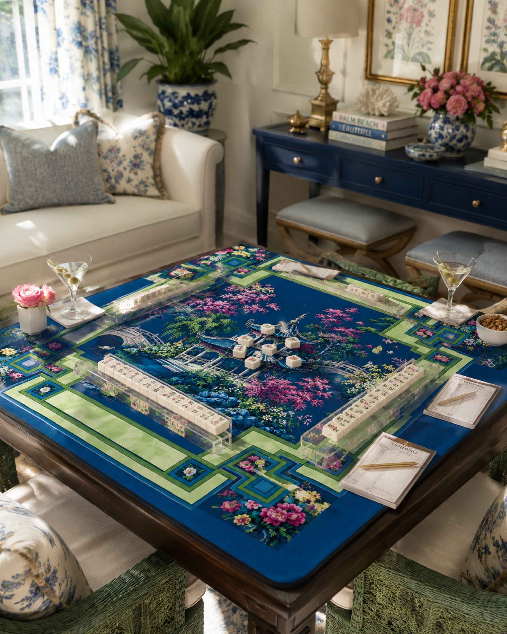 Premsons® Mahjong table mat with blue floral pagoda scene and green border on table