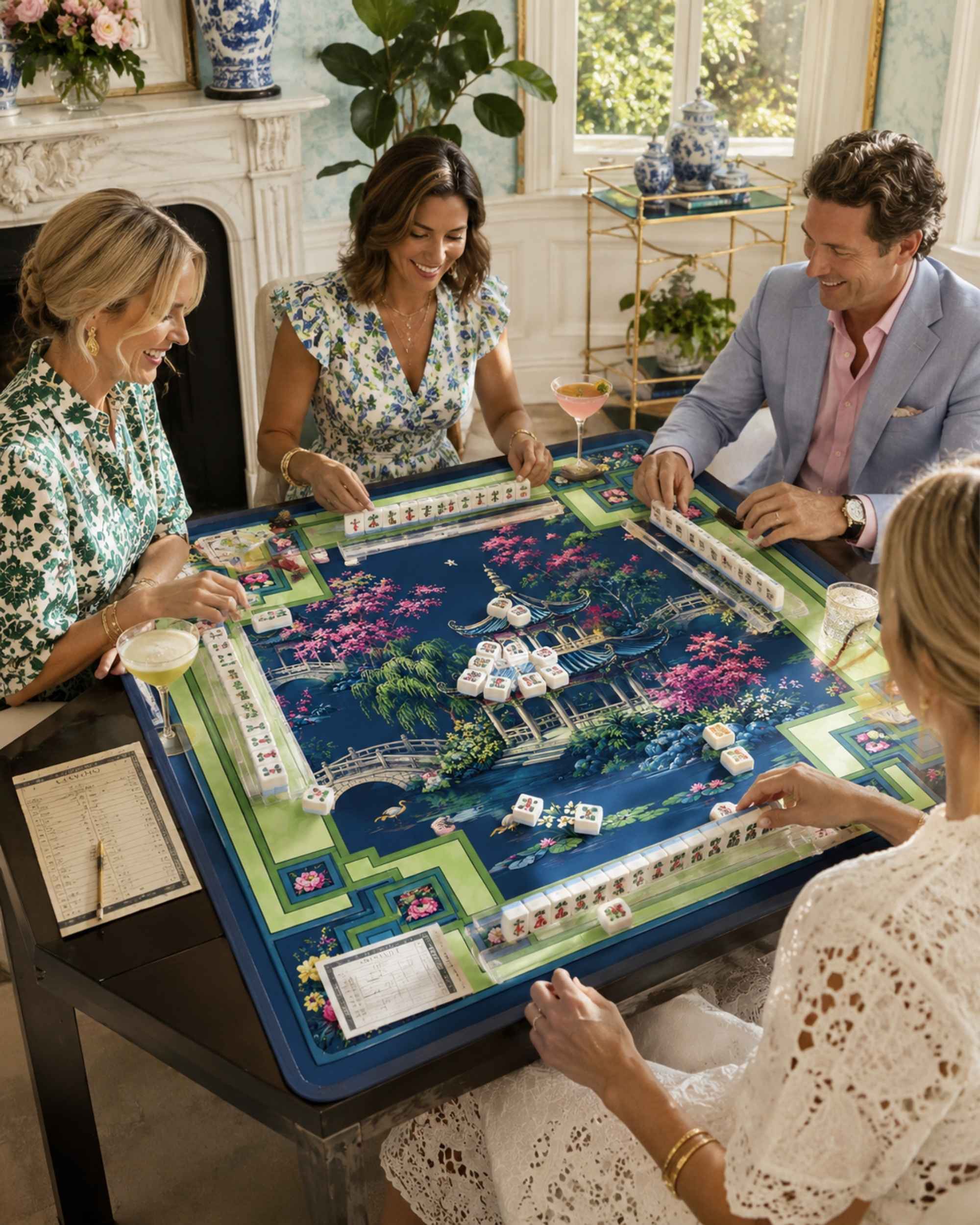 Premsons® Mahjong table mat spread on table with decorative blue pagoda artwork