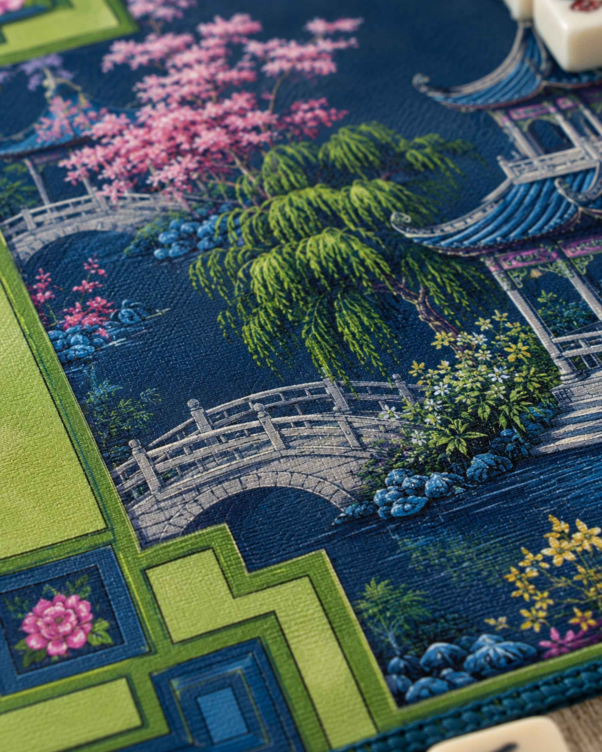 Premsons® Mahjong table mat close-up of blue landscape with cherry blossoms and green corner