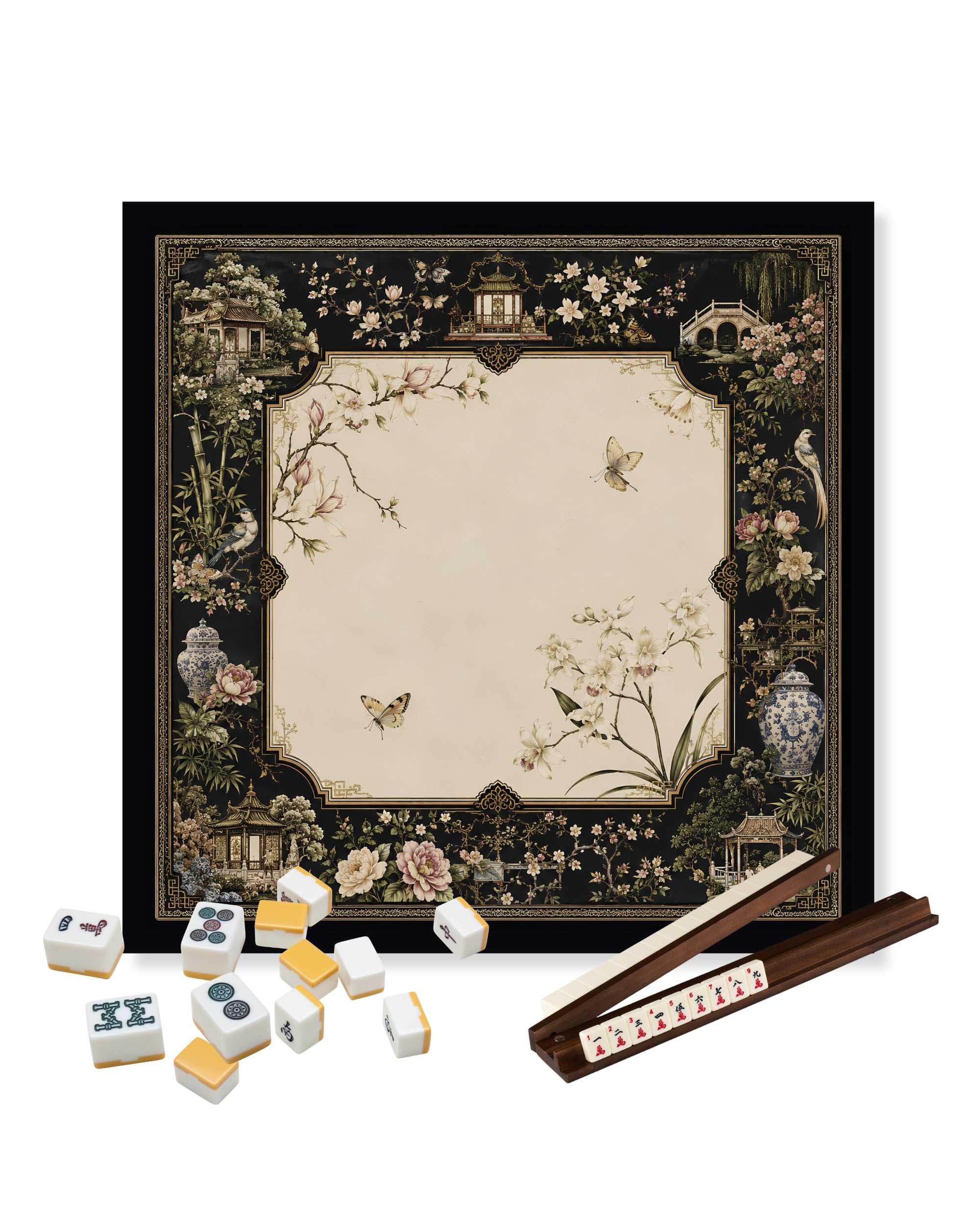 Square decorative table mat with floral garden border, cream center, dark frame