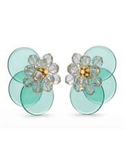 Mint green floral statement earrings with clear crystal blossoms on layered translucent discs