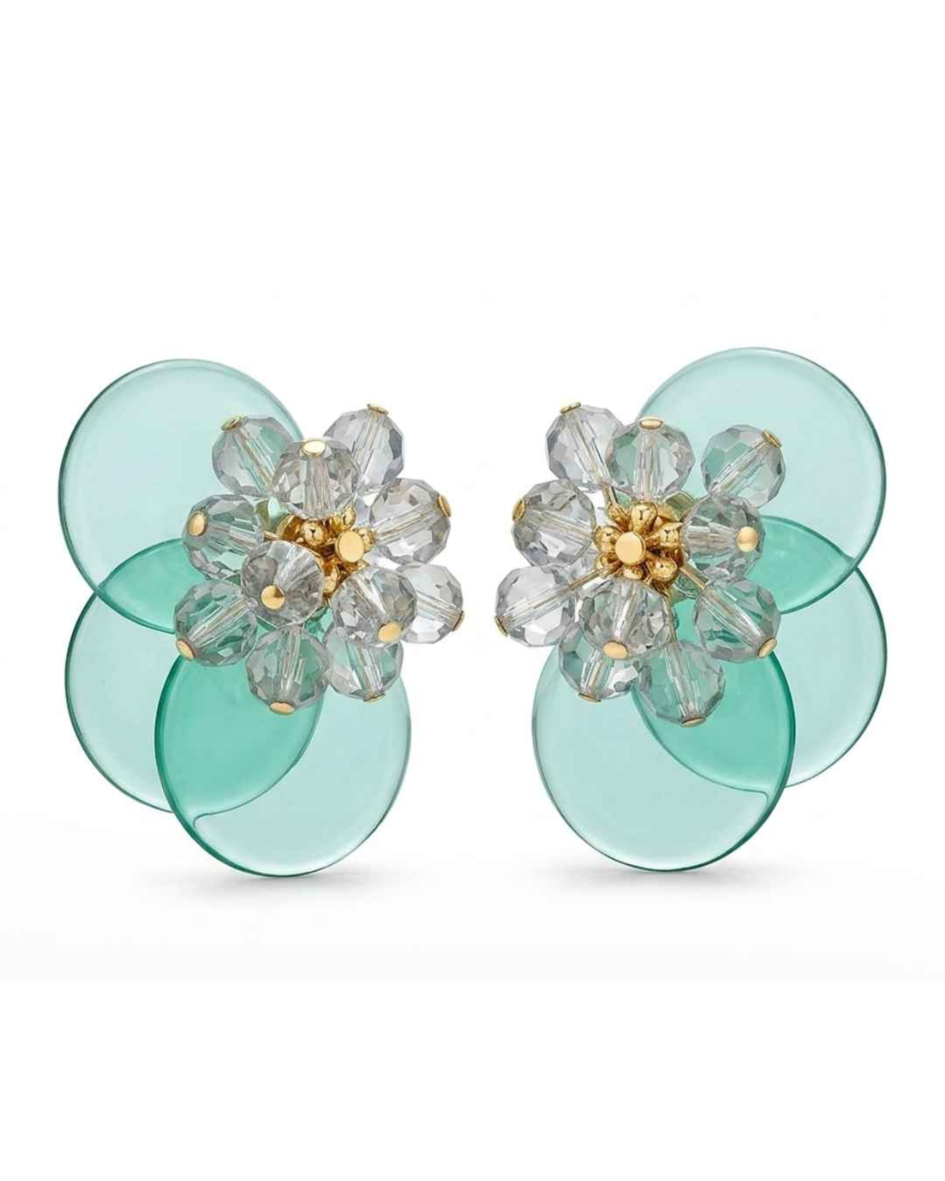 Mint green floral statement earrings with clear crystal blossoms on layered translucent discs