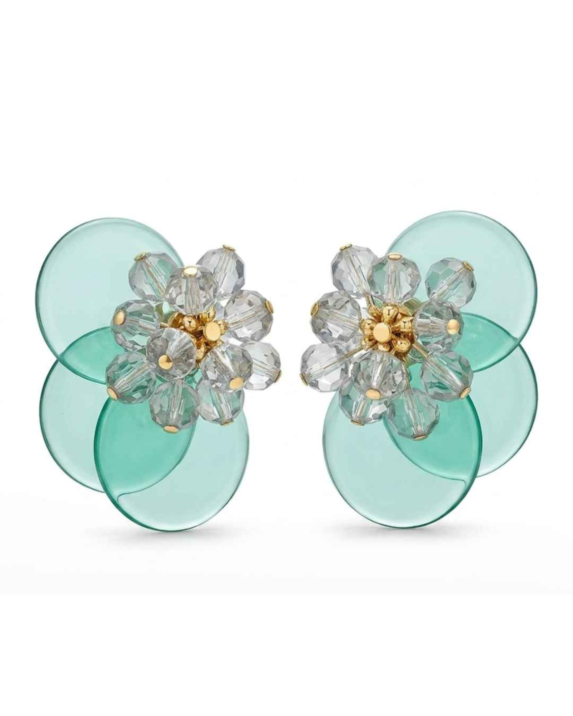Mint green floral statement earrings with clear crystal blossoms on layered translucent discs