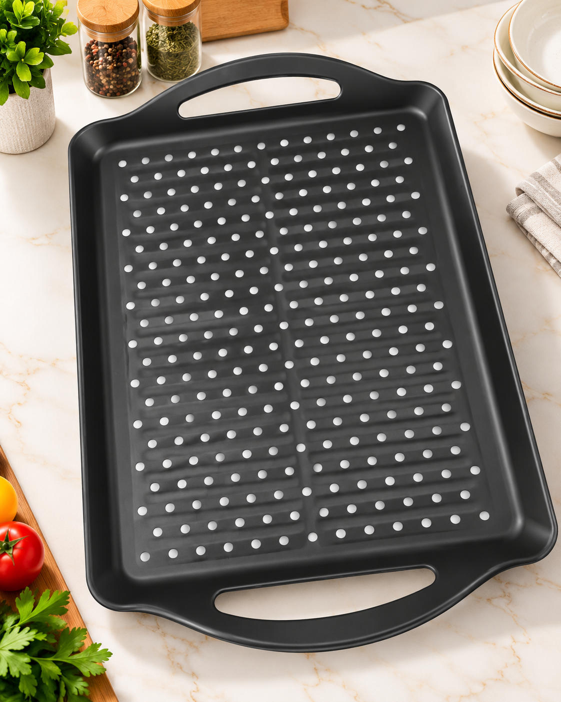 Rectangular perforated baking tray with handles, non-stick, black