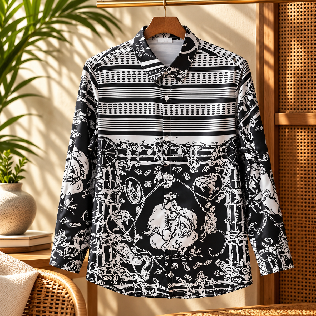 Premsons® Men's Printed Full Sleeve Button-Down Casual Shirt Black & White