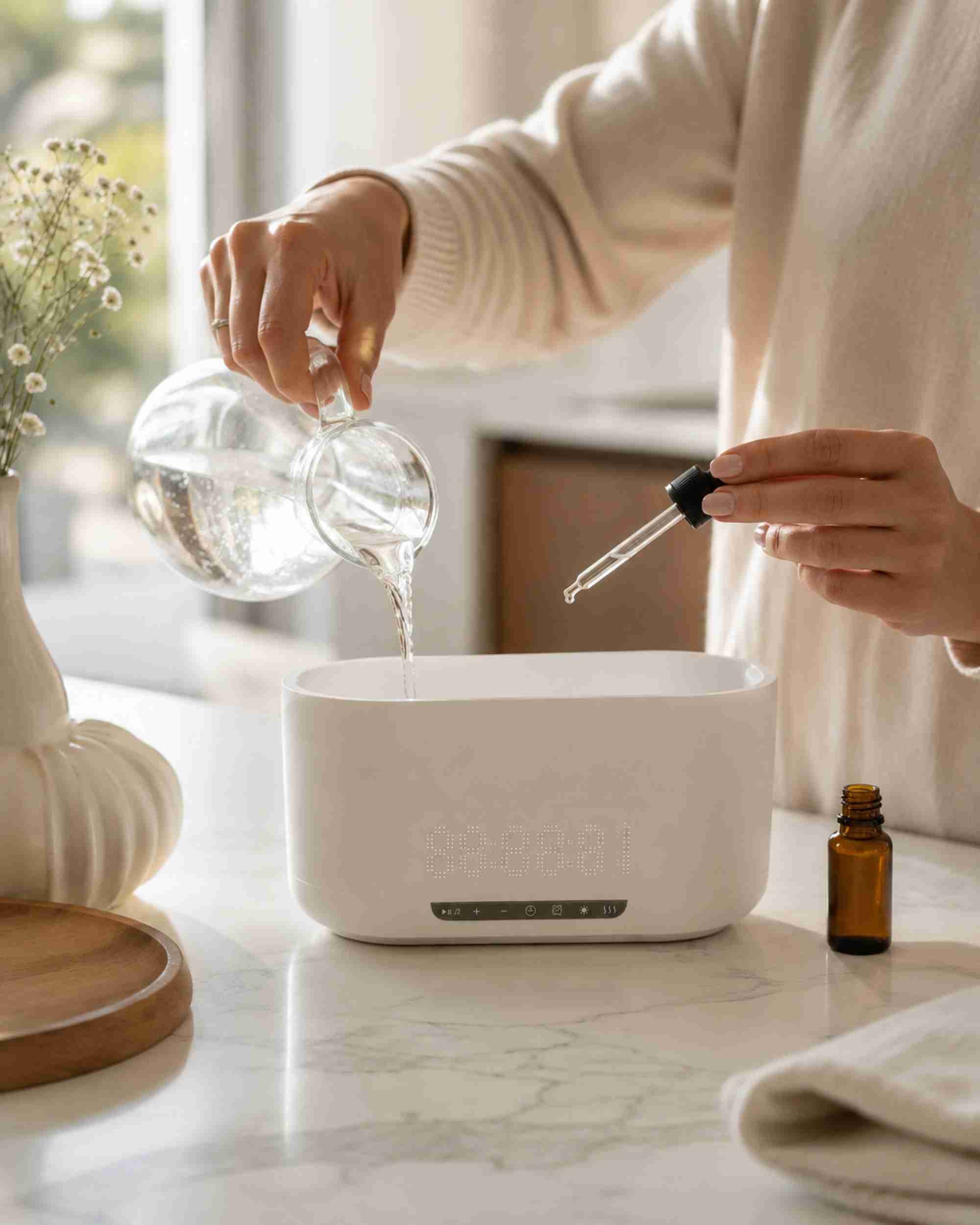 Aroma diffuser being filled with water from a glass pitcher