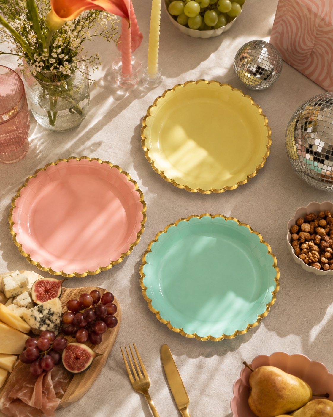 Premsons® Pastel Scalloped Gold Edge Disposable Party Plates – Pink, Yellow & Green (set of 4) (Pack of 2)