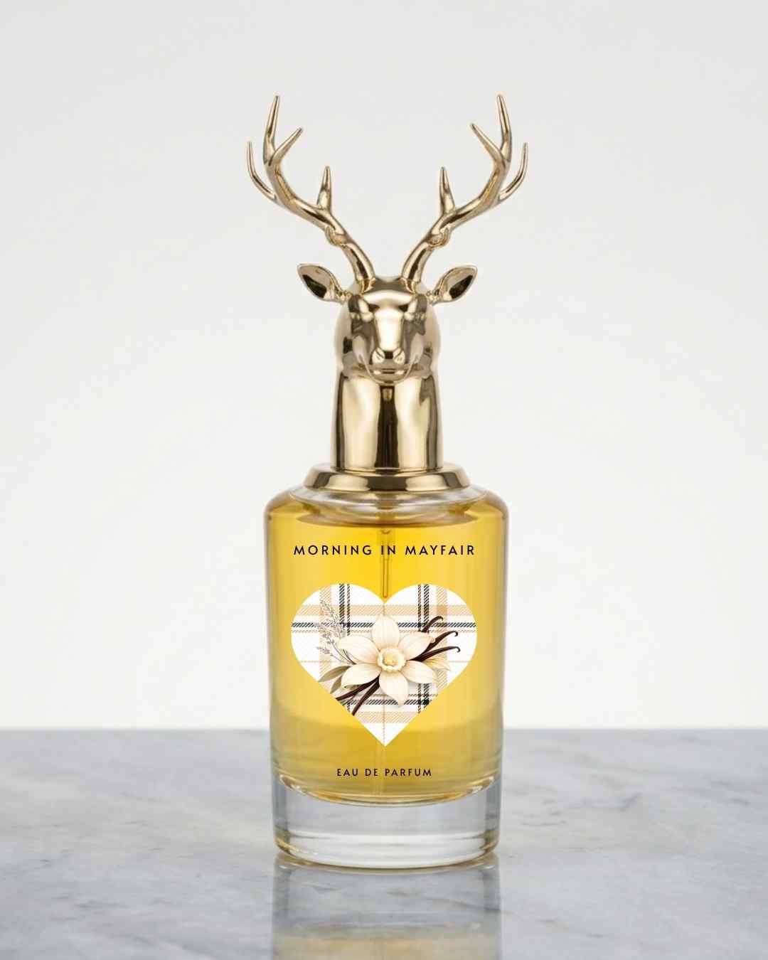 Gold deer-antler eau de parfum bottle with amber glass and floral label