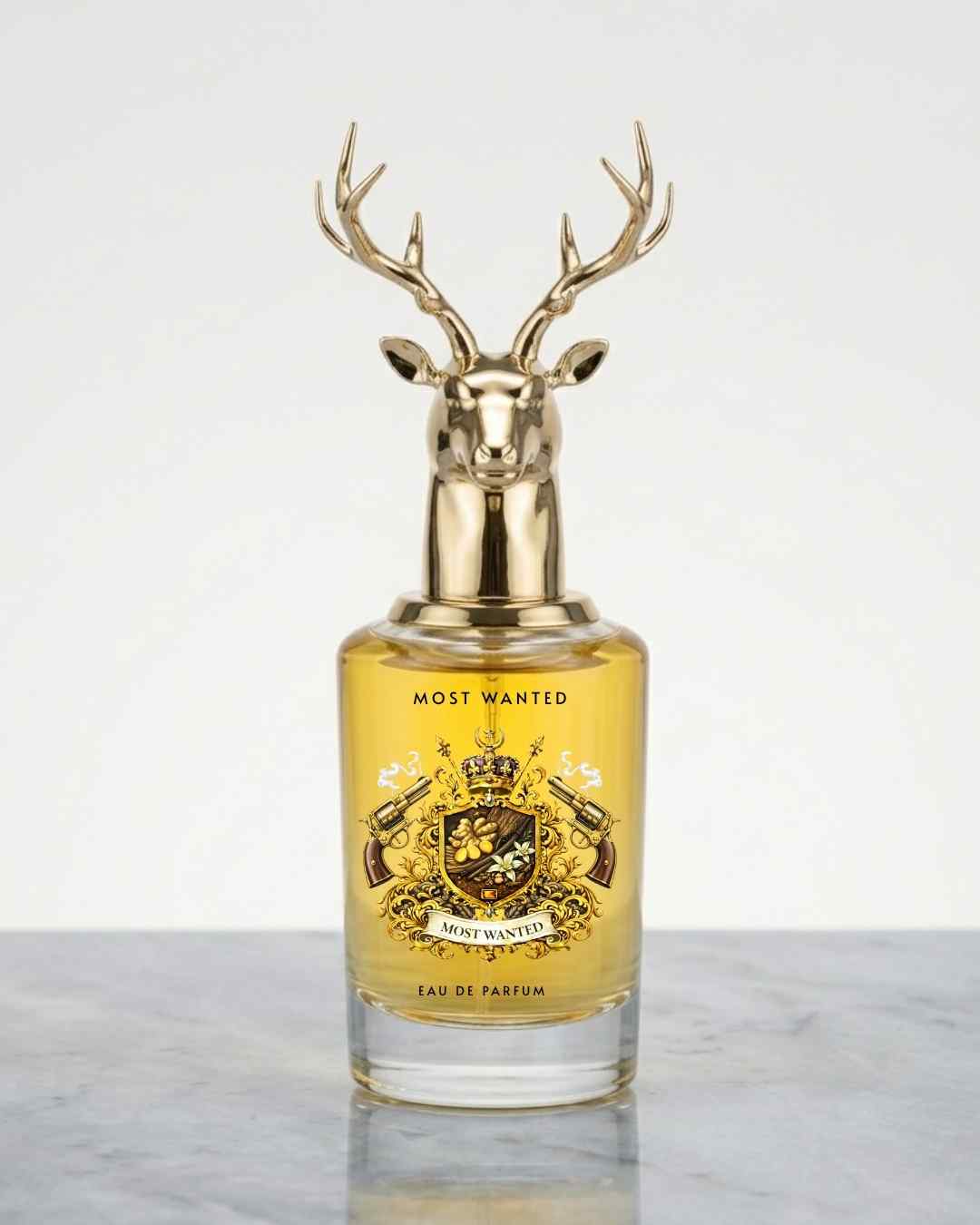 Eternia Most Wanted eau de parfum bottle with gold deer-antler cap and amber liquid