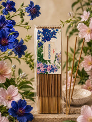 Pack of incense sticks in clear wrap with floral design and brown sticks