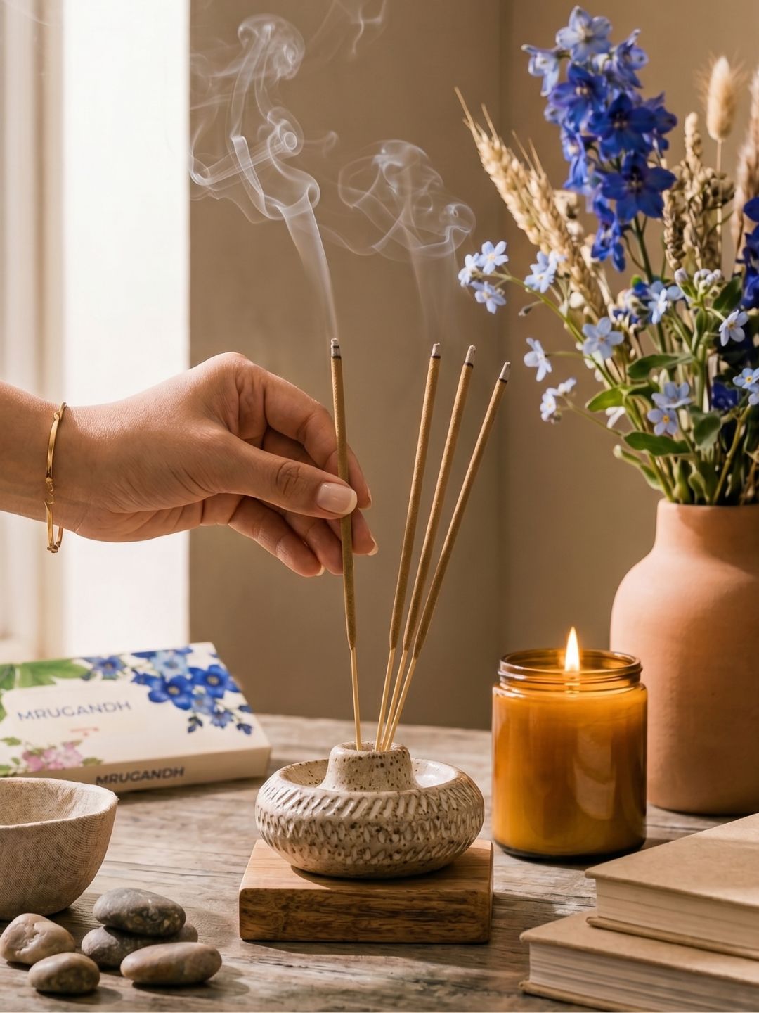 Incense sticks held by hand, thin brown sticks with visible smoke near tips