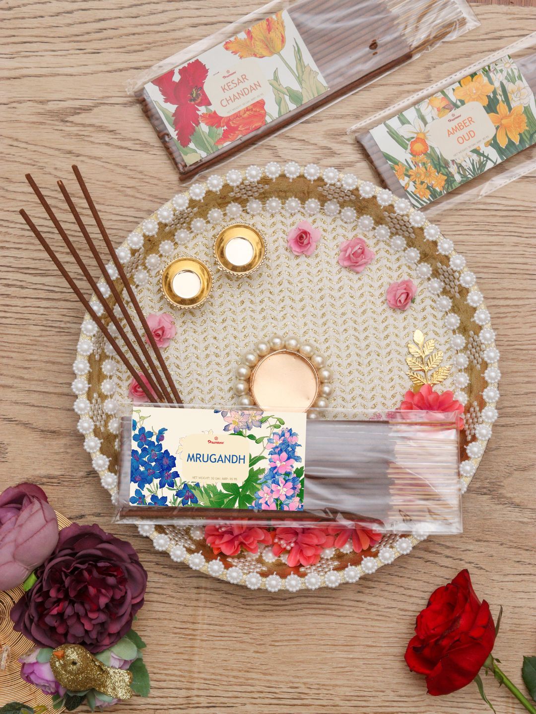 Incense stick tray with pearl rim, includes floral incense packs and thin brown sticks