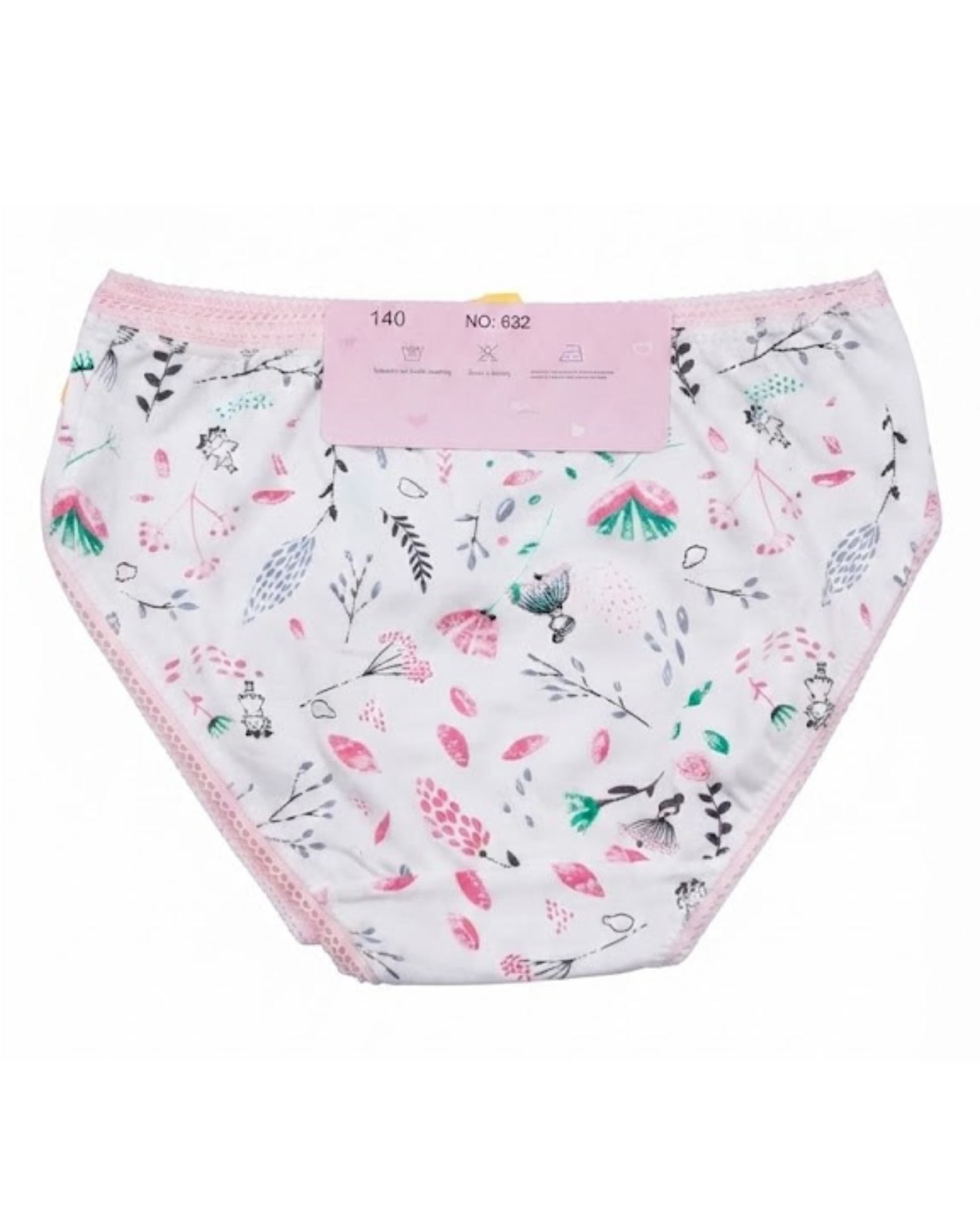 Girls' cotton panties, white with birds, leaves, hearts and pink trim