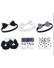 Premsons® Baby Girl Headband and Socks Set – 6-Piece Newborn Gift Set in Black and Gold