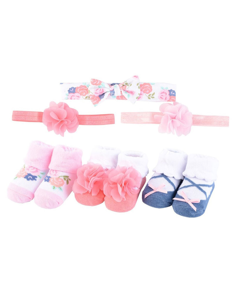 Premsons® Floral Ballet Themed Baby Girl Headband and Socks Set – 6-Piece Fashion Gift Pack