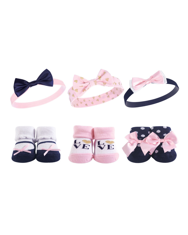 Premsons® Navy Love Baby Girl Headband and Socks Set – 6-Piece Cute Newborn Gift Pack