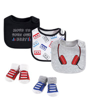 Premsons® Headphones Design Cotton Bib and Socks Set – Trendy One Size Baby Set