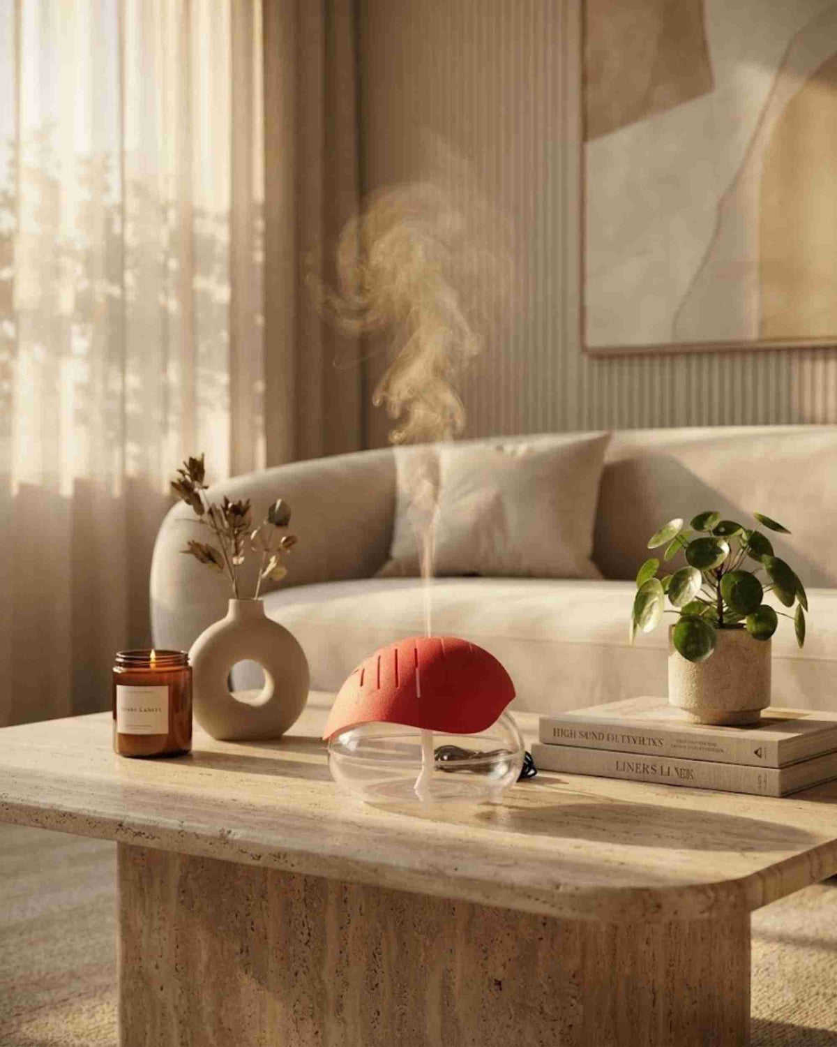 Red aroma diffuser with clear base on coffee table releasing cool mist