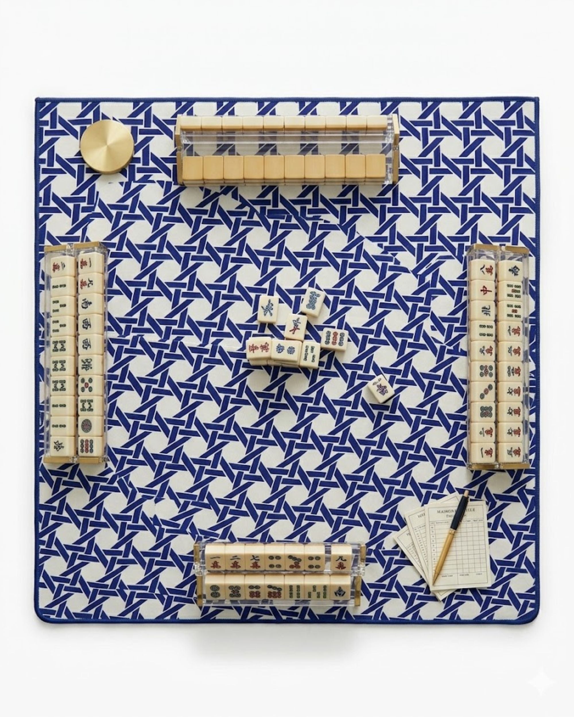 Premsons® Navy Geometric Mahjong Mat – Luxury Padded Mahjong Table Cover with Modern Bamboo Weave Pattern, Foldable Non-Slip Gaming Surface