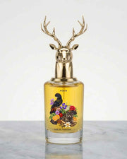 Eternia® Noir eau de parfum bottle with gold deer-head cap and gold liquid
