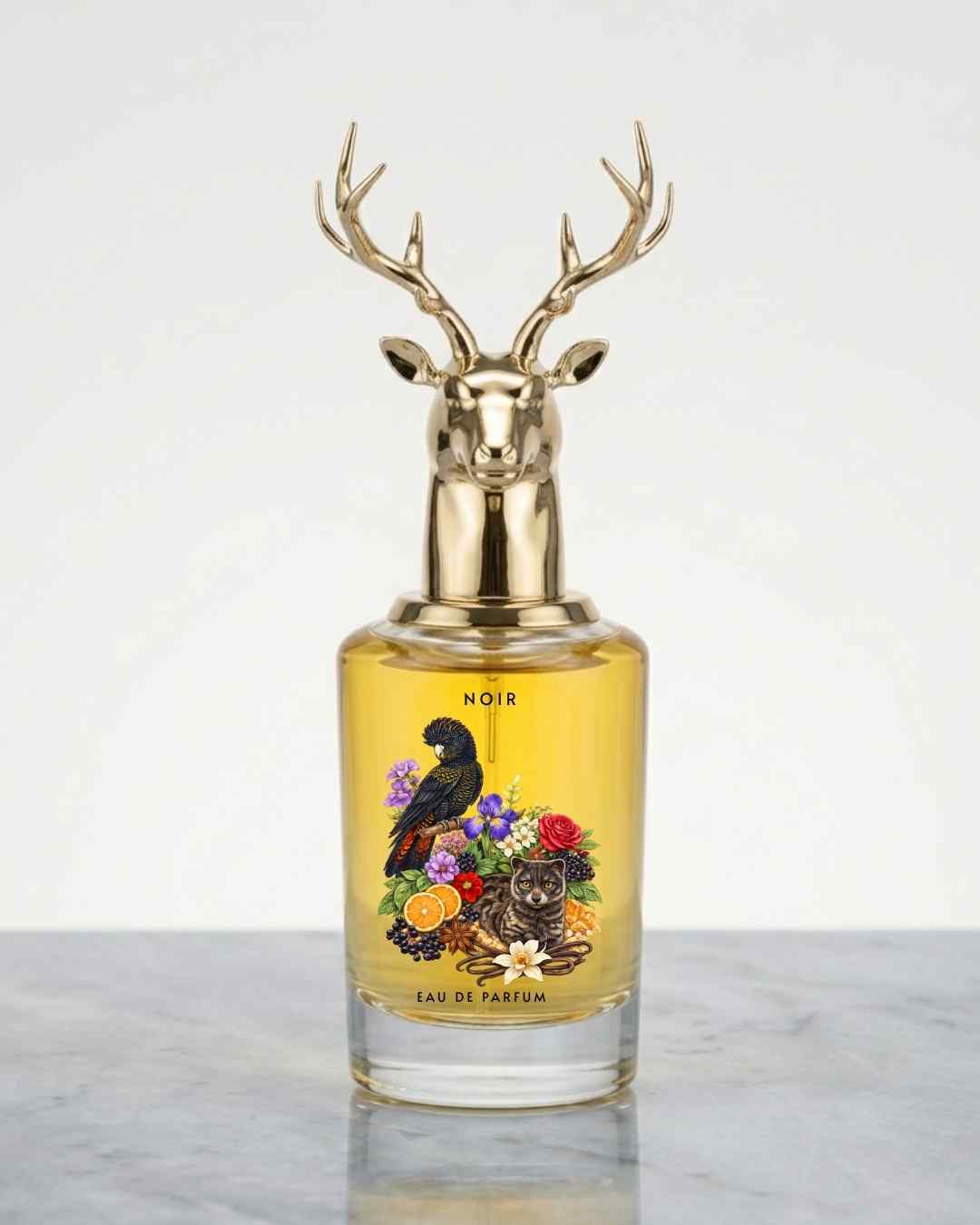 Eternia® Noir eau de parfum bottle with gold deer-head cap and gold liquid
