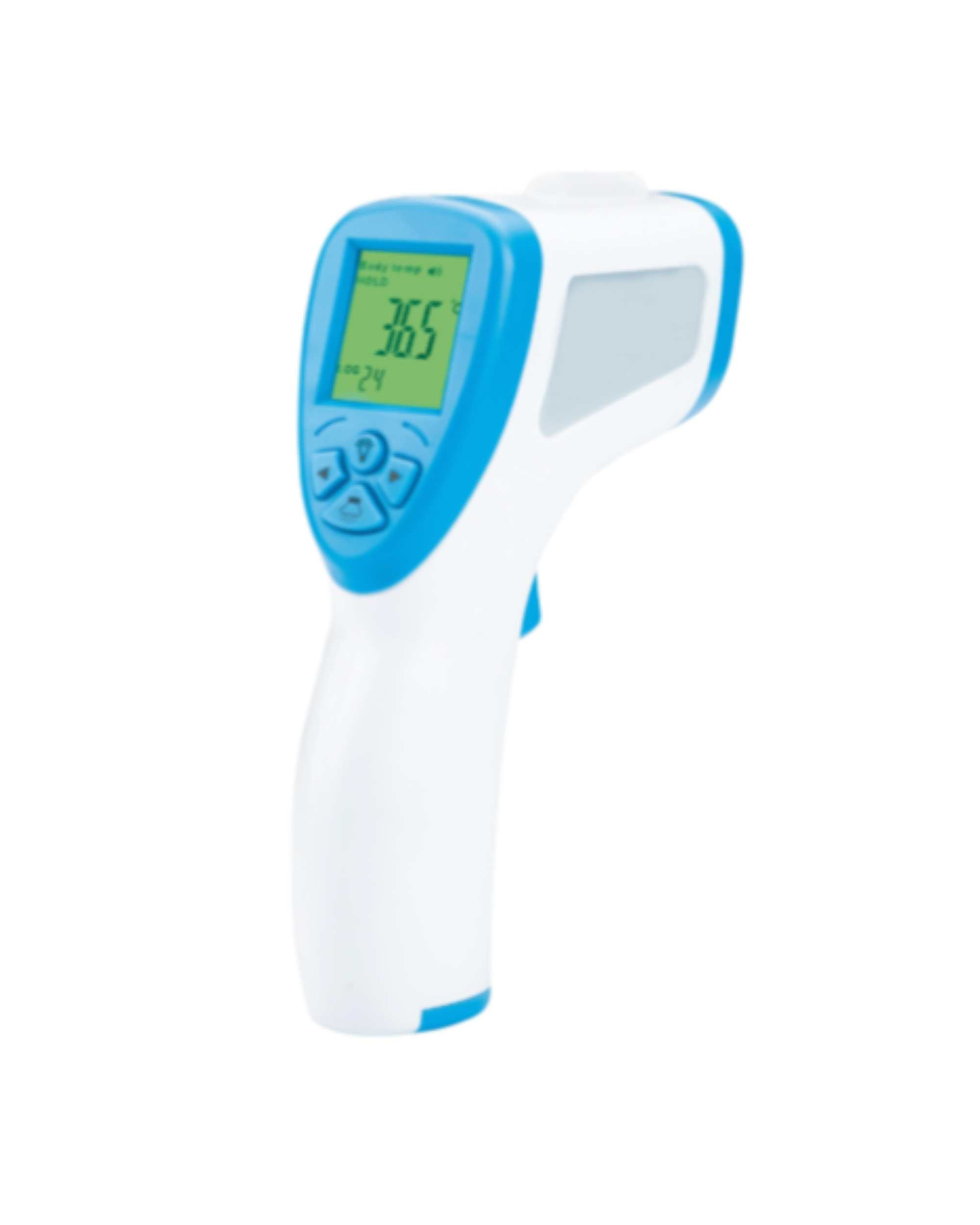 Non-contact infrared thermometer gun in white and blue, LCD shows 36.5